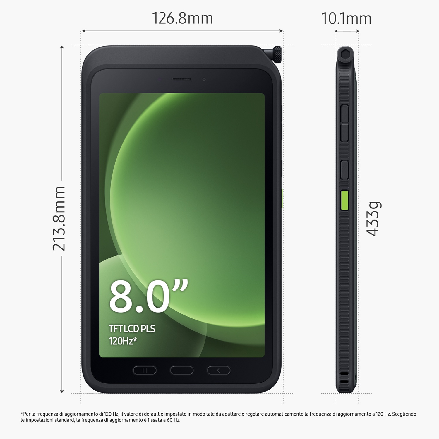 Disegno tecnico con le dimensioni di un tablet rugged da 8 pollici e il peso.