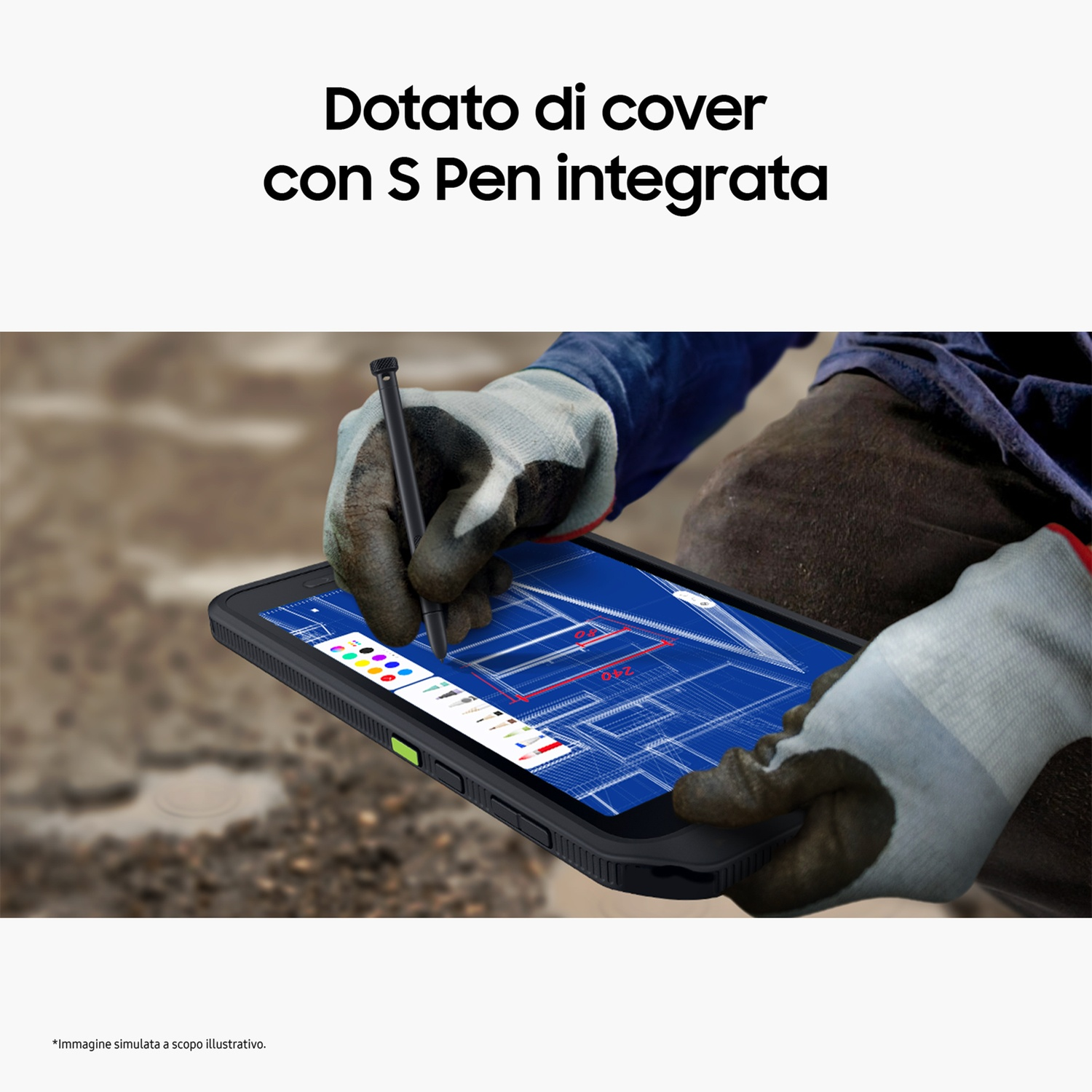 Persona con guanti usa un pennino e un tablet che mostra un progetto architettonico blu.
