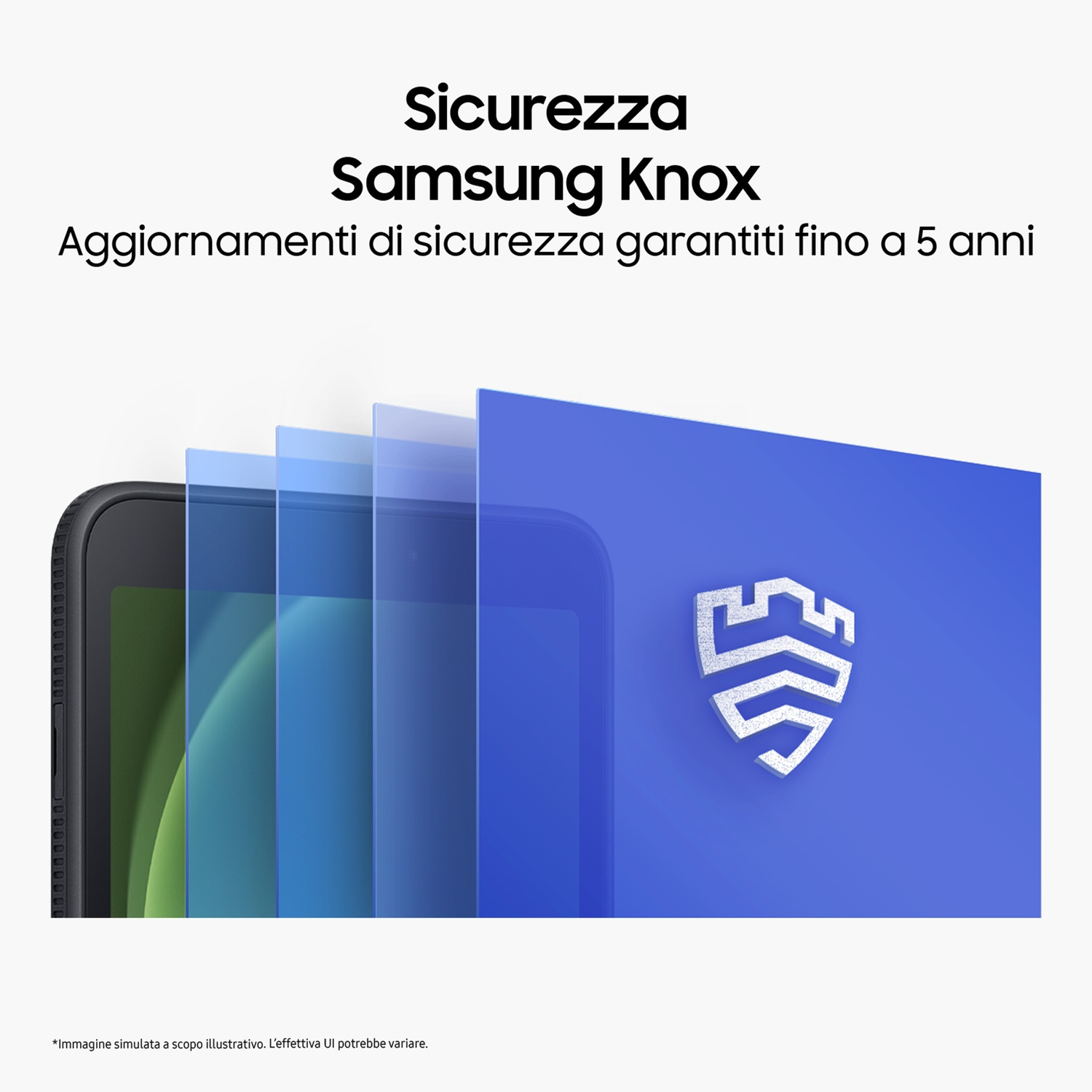 Immagine promozionale di Samsung Knox con icona a scudo e aggiornamenti di sicurezza quinquennali.