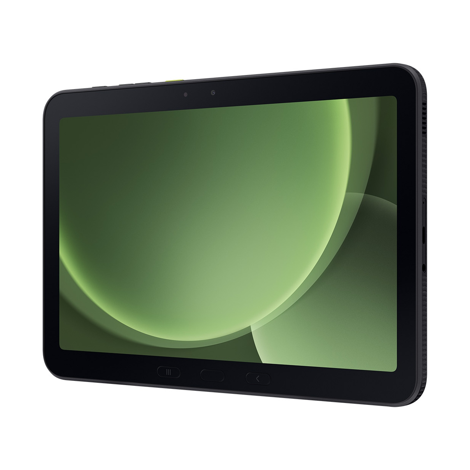 Un tablet nero con angoli arrotondati e uno sfondo circolare verde sullo schermo.
