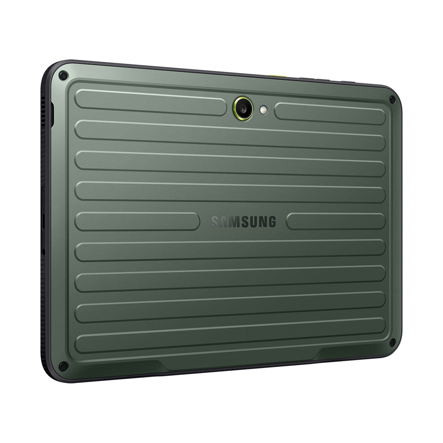 Retro di un tablet Samsung verde e robusto con scanalature orizzontali, una fotocamera e il logo.