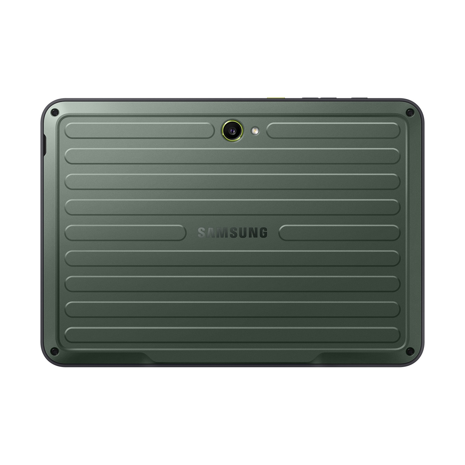 Retro di un tablet Samsung verde con texture a coste, lente della fotocamera e logo centrale.