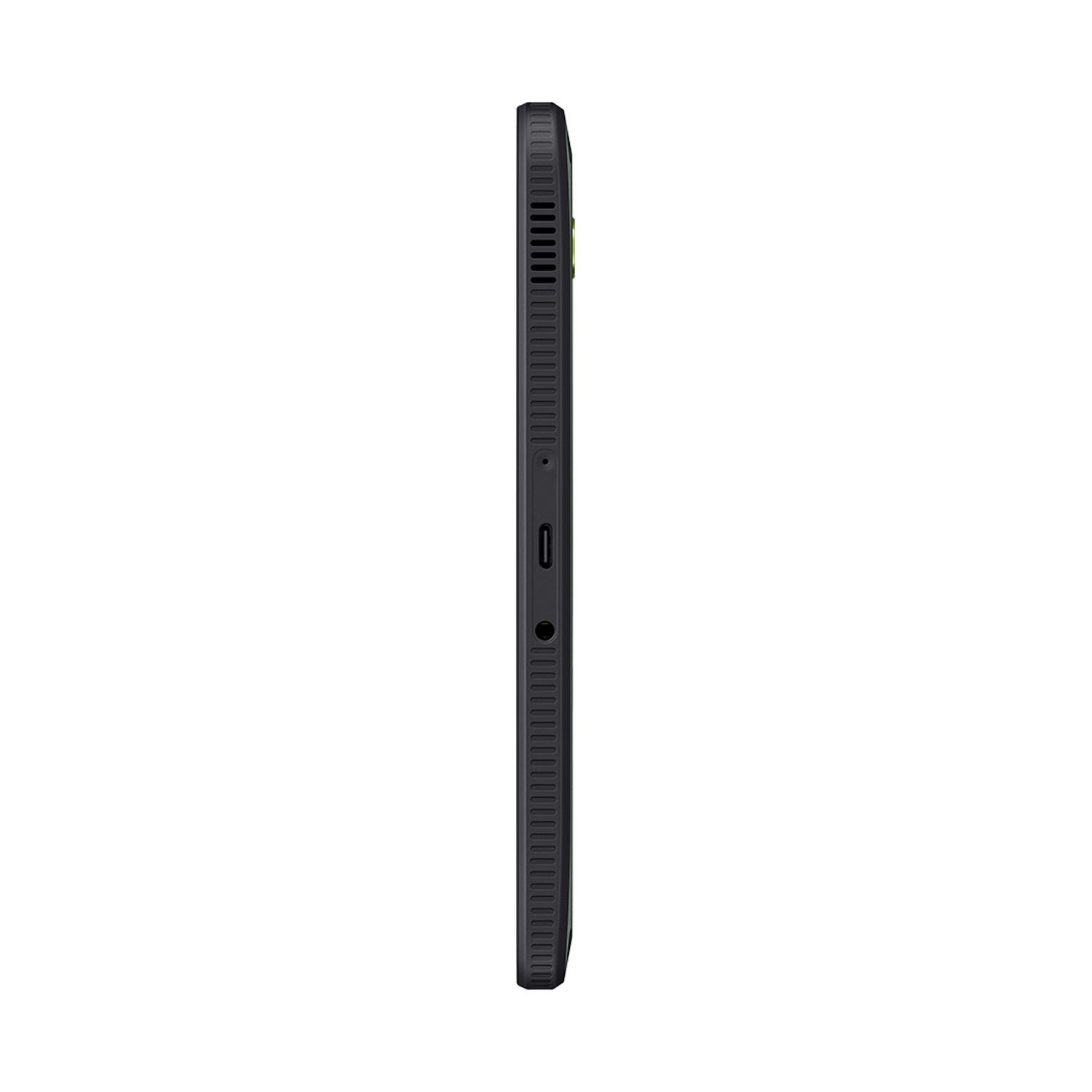 Vista laterale di uno smartphone nero con porte e bordo scanalato su sfondo bianco.
