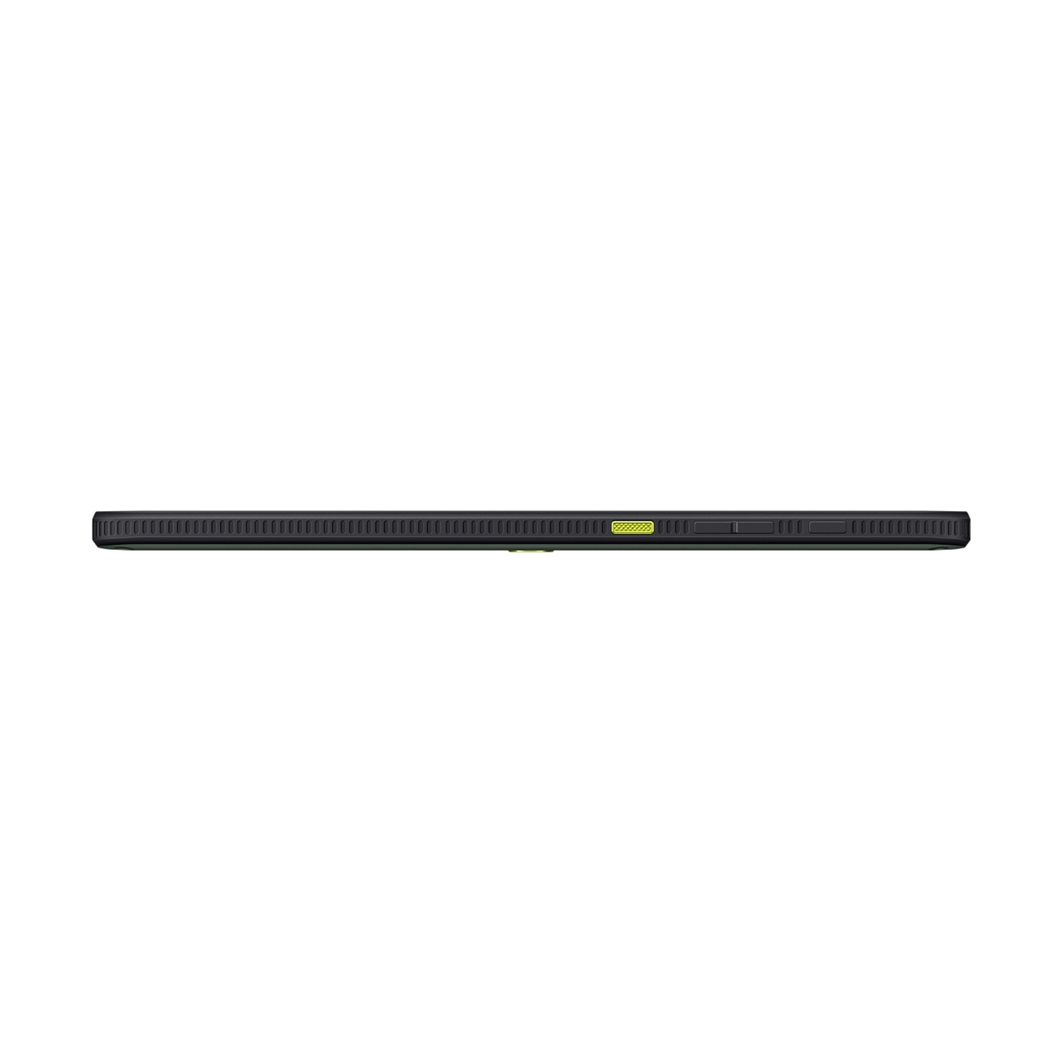 Vista laterale di un tablet nero con tasti e porte su sfondo bianco.