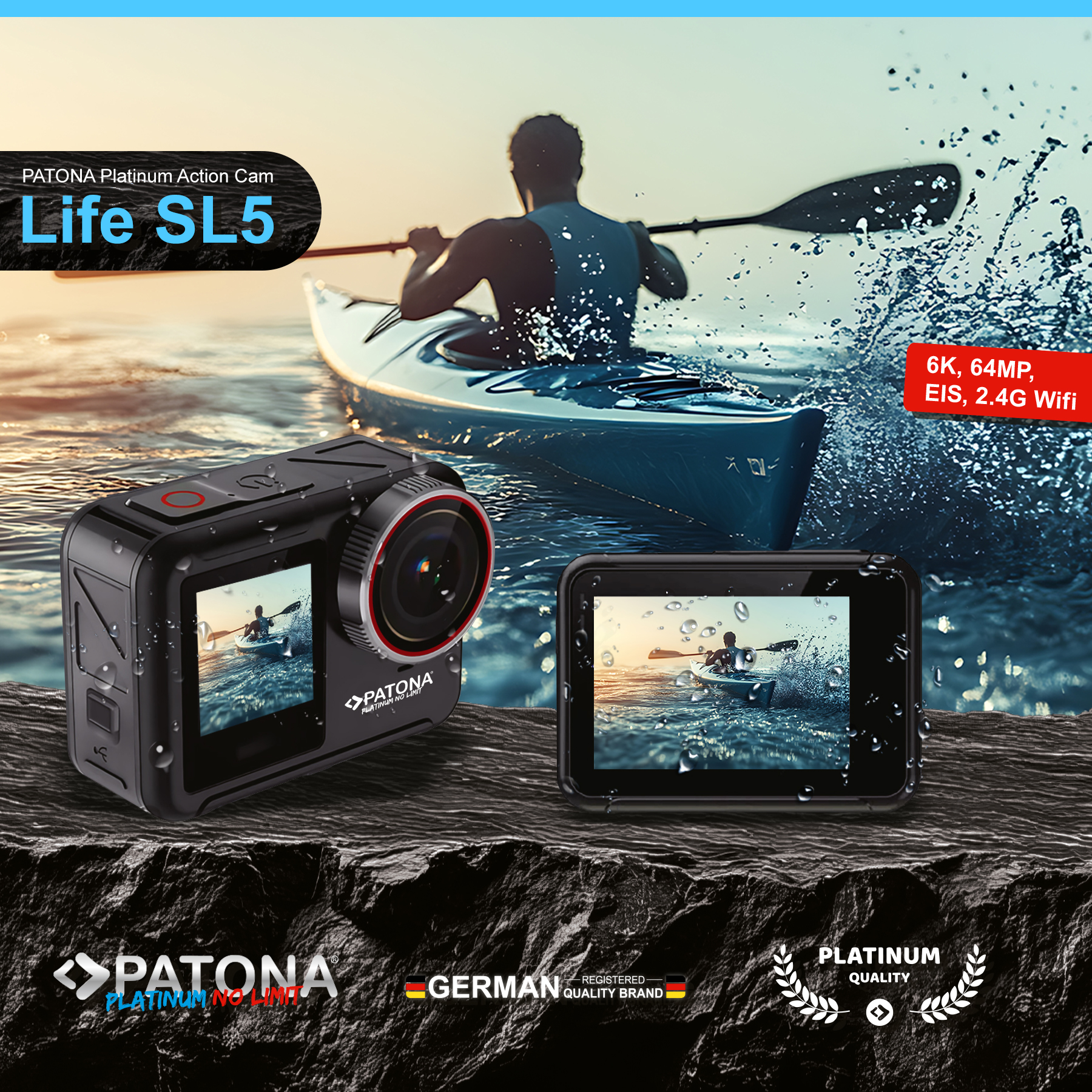 Caméra d'action Patona Life SL5 sur un rocher, avec un kayakiste en arrière-plan.