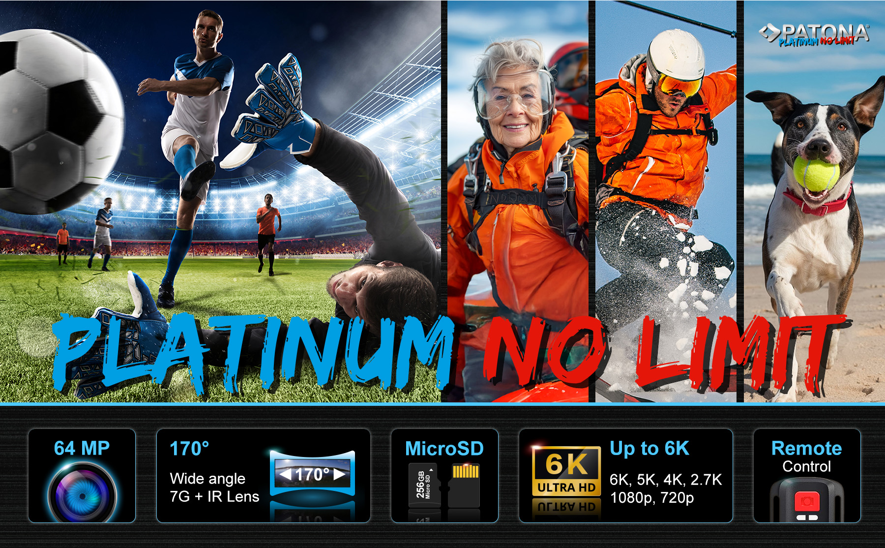 Publicité pour caméra d'action montrant du football, du parachutisme, du ski et un chien avec une balle sur une plage.