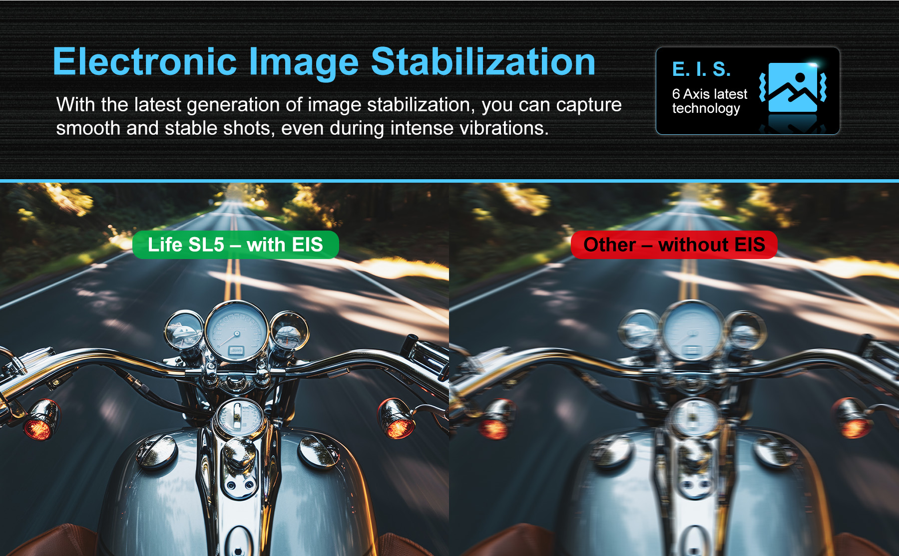 Comparaison de stabilisation électronique sur moto : stable à gauche, floue à droite.