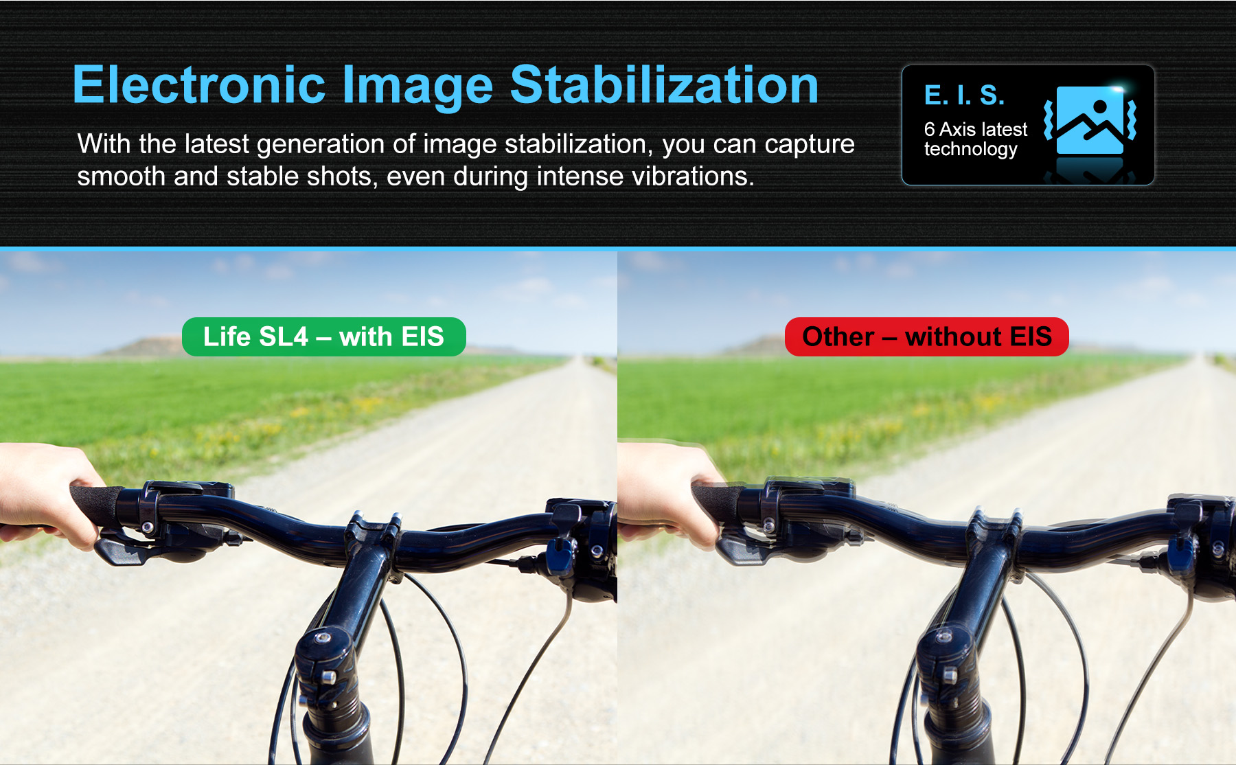 Comparaison de caméras: vidéo stabilisée (EIS) à gauche et floue à droite.