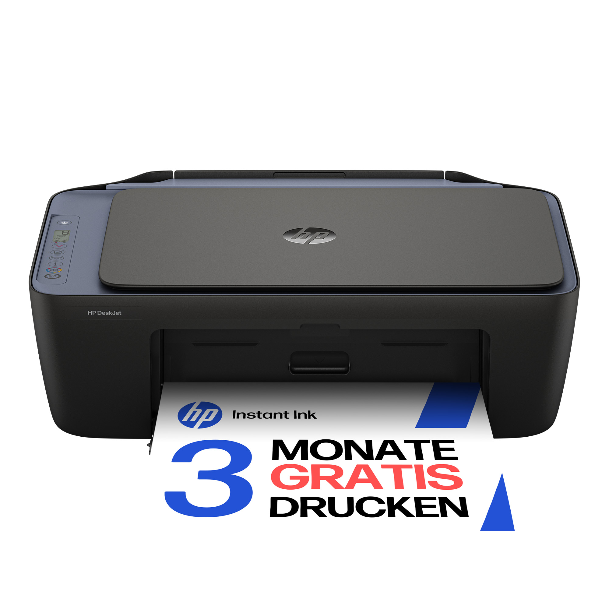 HP DeskJet Drucker auf weißem Hintergrund mit bedrucktem Papier, das 3 Monate gratis drucken anzeigt.