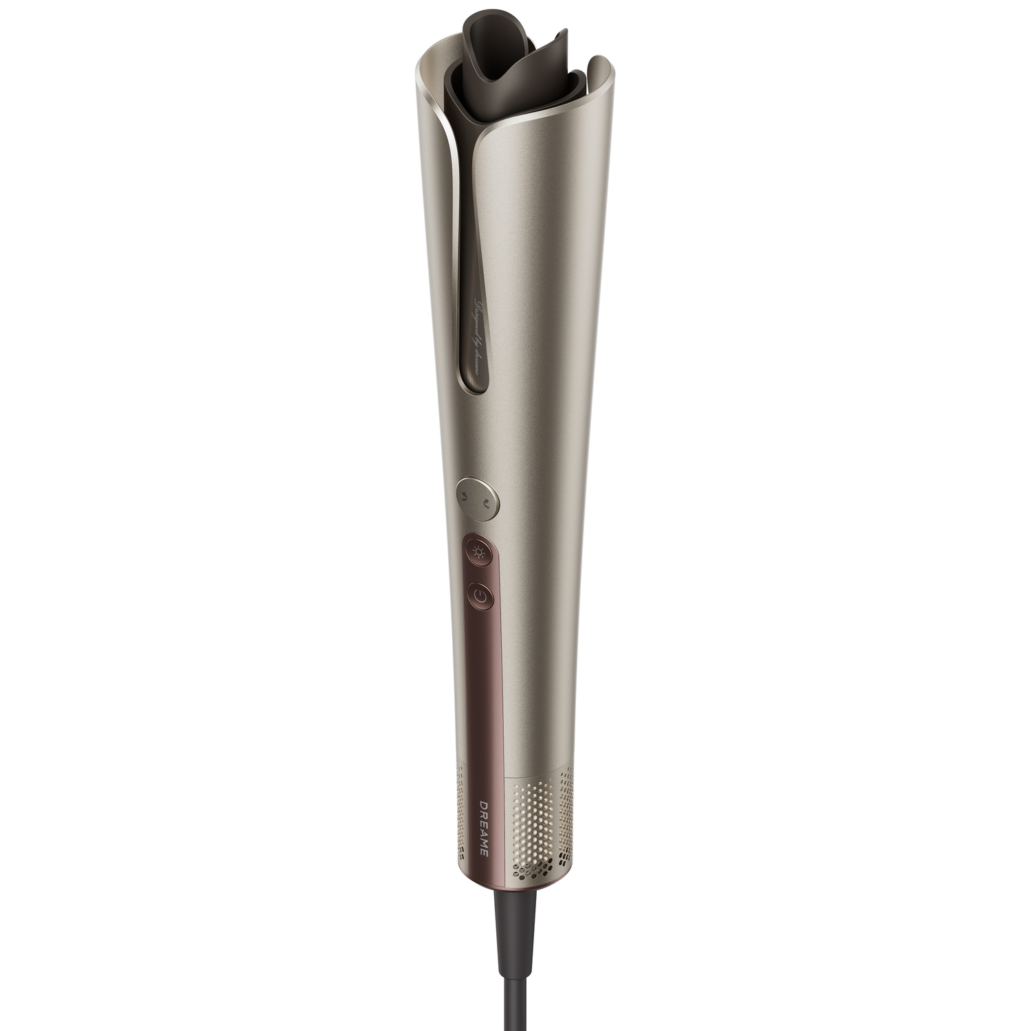 Un boucleur automatique élégant couleur or champagne avec des boutons de commande et un cordon noir sur fond blanc.