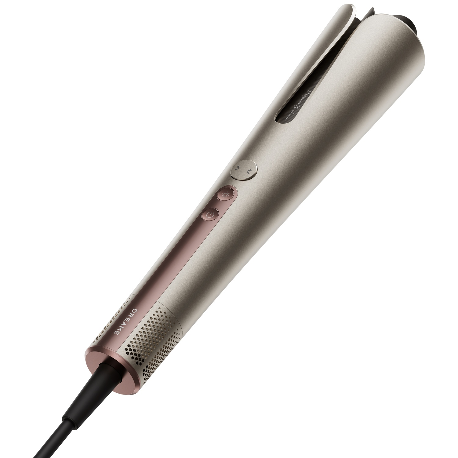 Un boucleur automatique beige et or rose avec boutons de commande et cordon d'alimentation noir sur fond blanc.