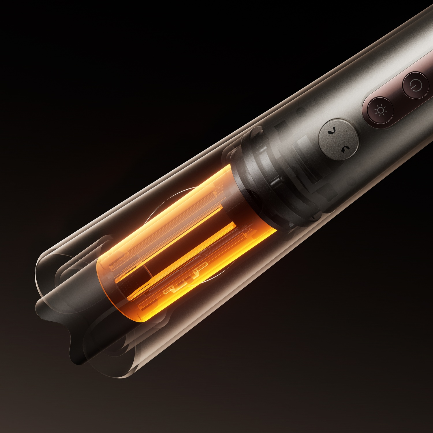 Vue radiographique d'un appareil électronique gris foncé avec un élément chauffant orange.