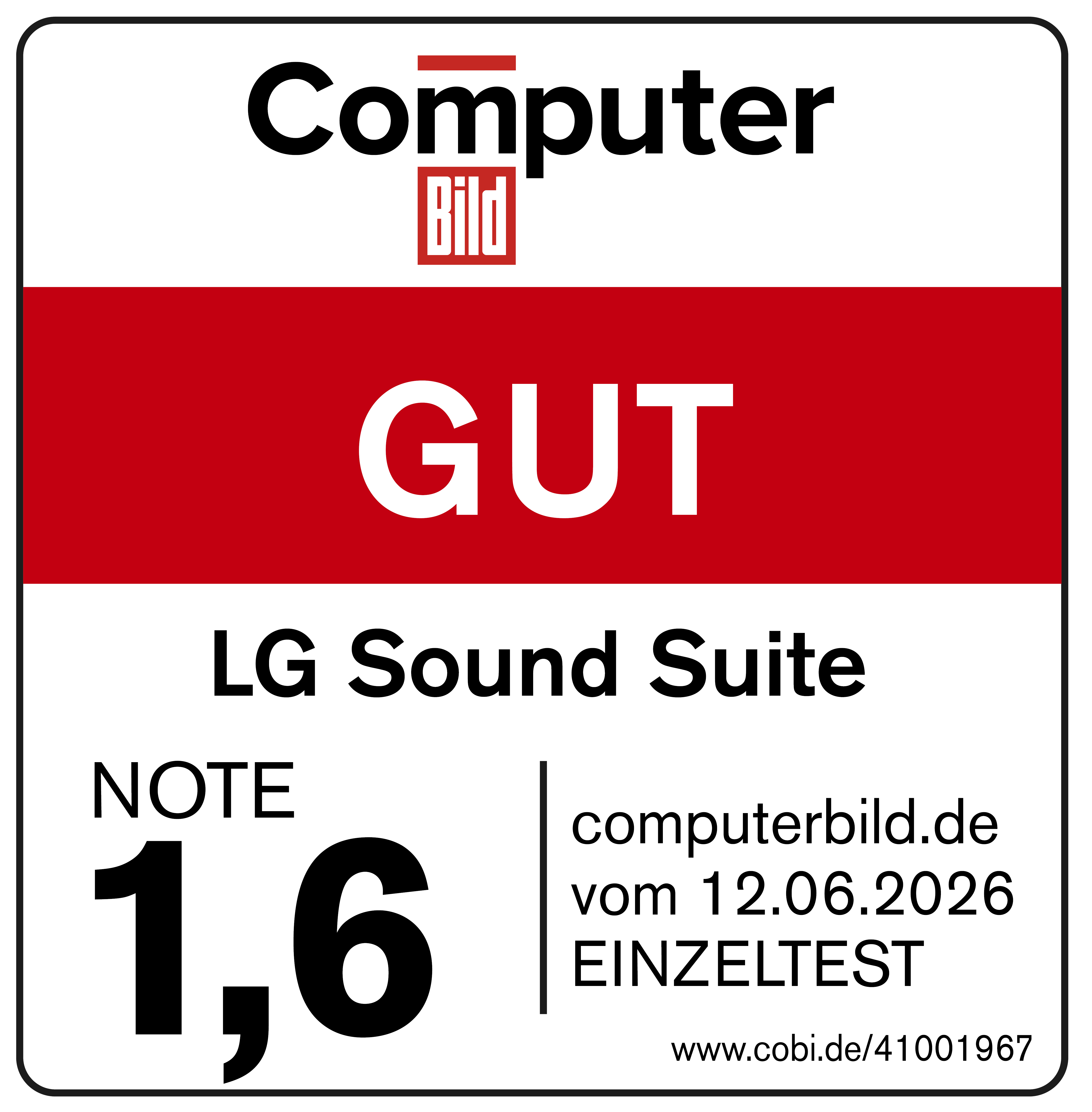 Computer Bild Siegel für LG Sound Suite mit Note 1,6 und GUT.