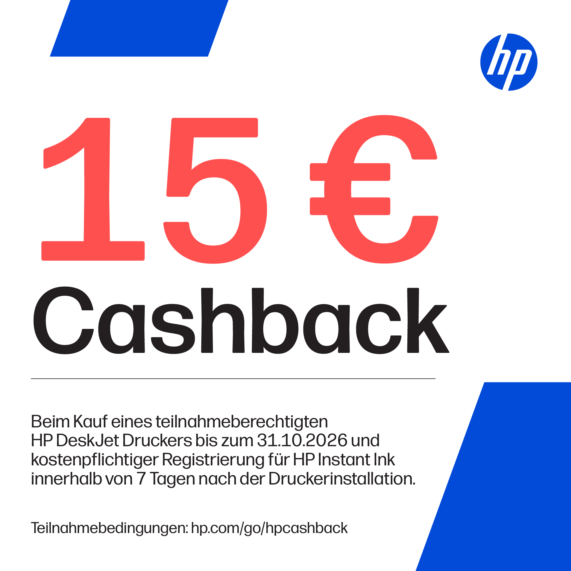 Ein HP 15 Euro Cashback Werbebanner mit blauen Akzenten, rotem Betrag und deutschen Bedingungen unten.