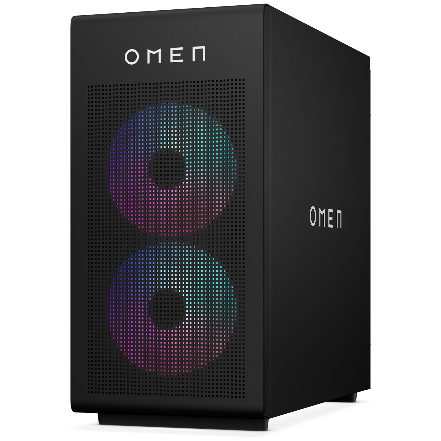 Zwarte OMEN game-pc-toren met twee verlichte ventilators op het voorpaneel.