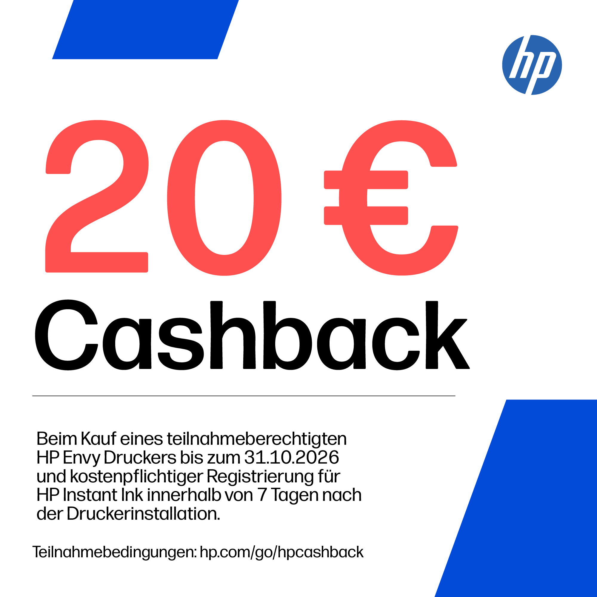 HP Cashback-Aktion mit 20 Euro Rückerstattung beim Kauf eines HP Envy Druckers bis zum 31.10.2026.