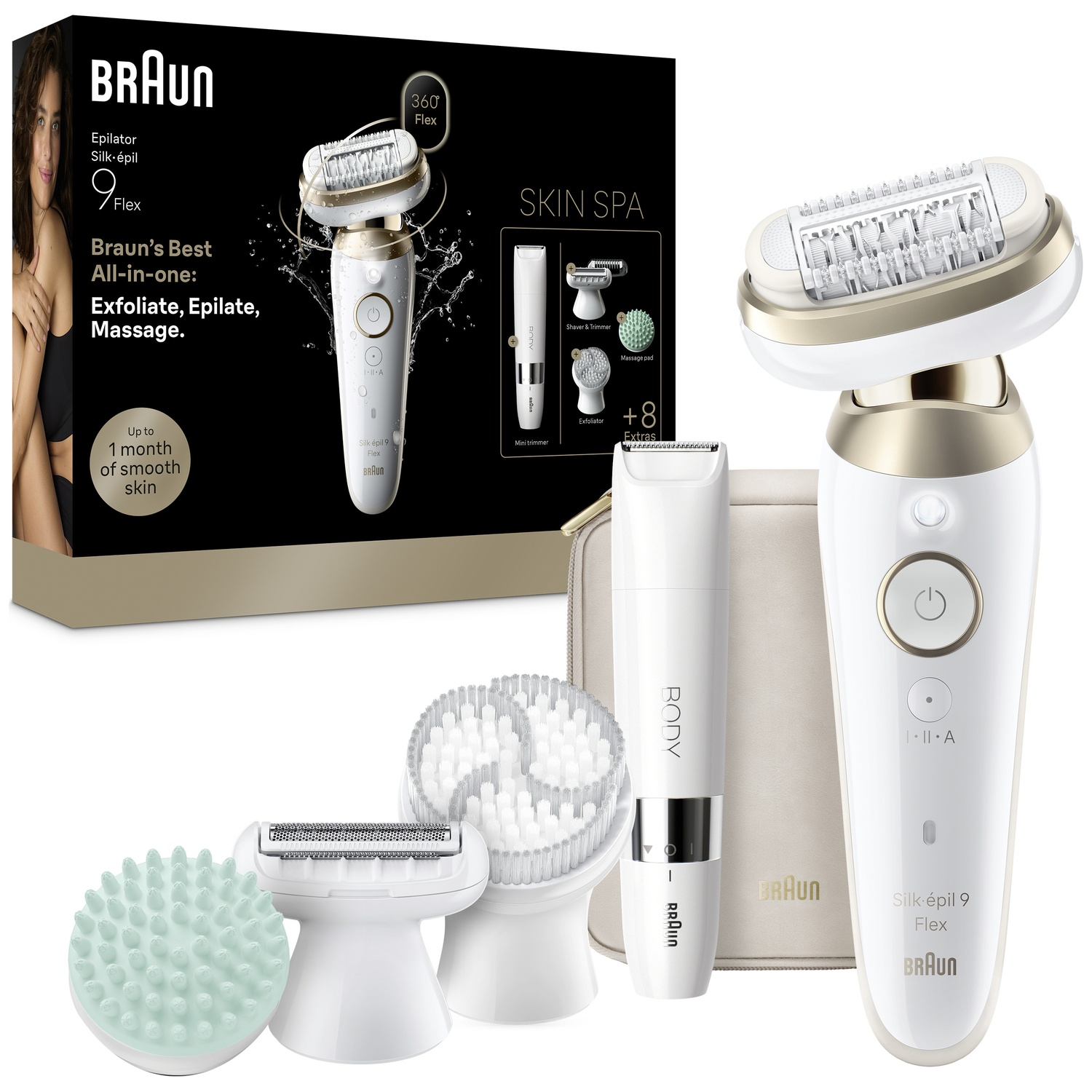 Braun Silk-épil 9 Flex epilator with accessories in front of its box.
