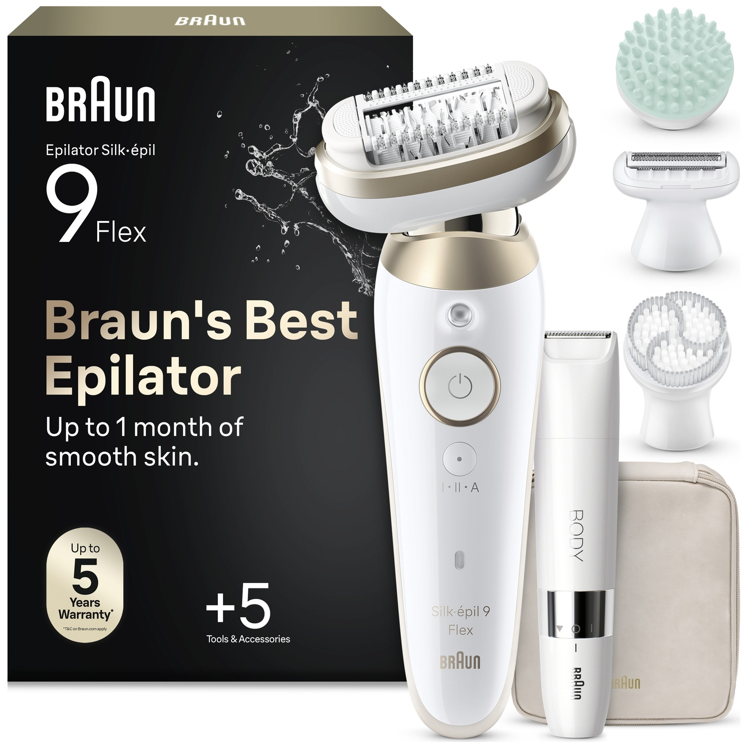 Braun Silk-épil 9 Flex epilator with box, trimmer, massage cap, shaver head, brush, and storage pouch.
