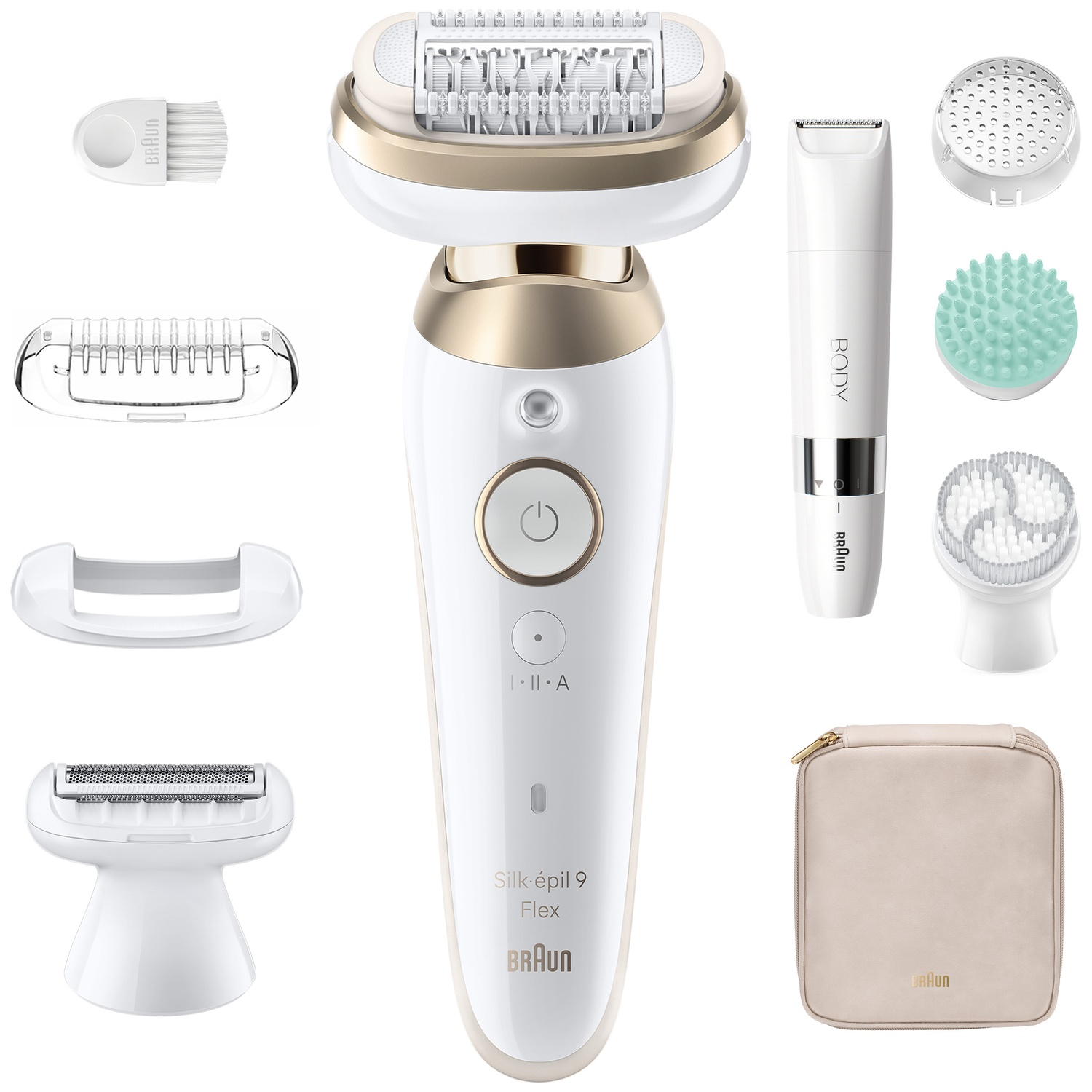 White and gold Braun epilator displayed with various attachment heads, cleaning brush, trimmer, and case.