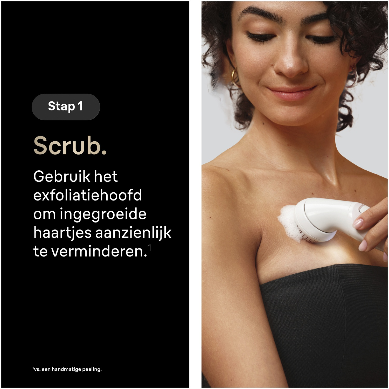 A woman uses an electronic exfoliating device with foam on her chest against a black text background.