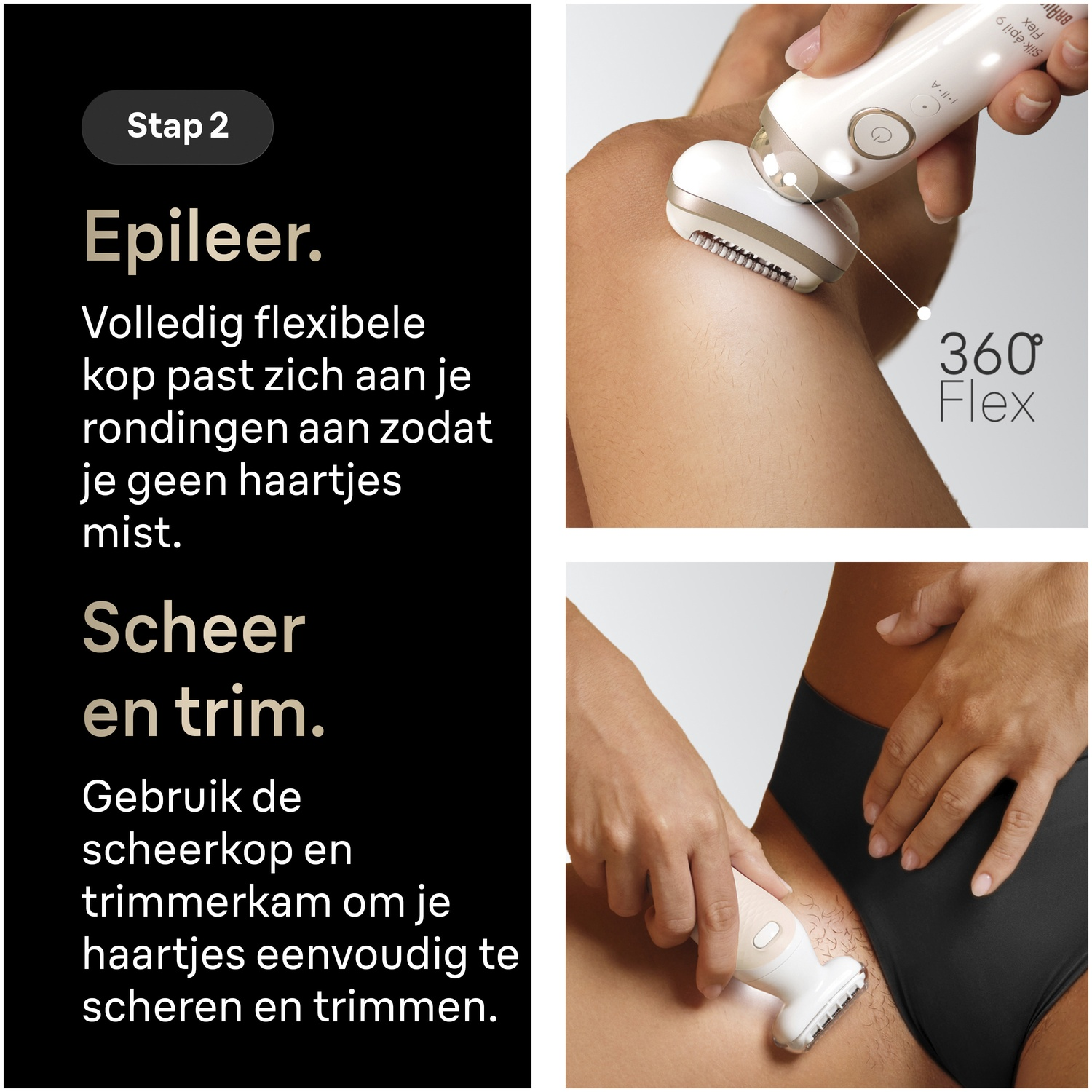Woman using an epilator on her knee and a shaver on her bikini line, alongside Dutch text.