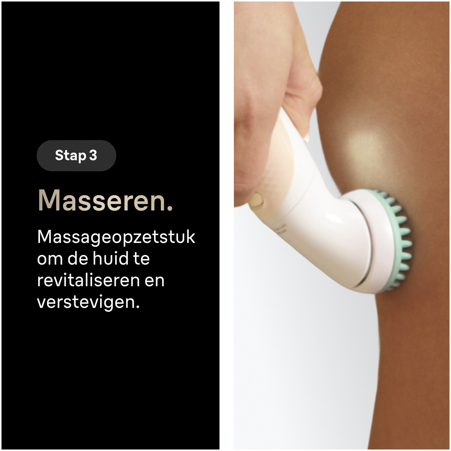 A hand massages the skin with an electric massager device.