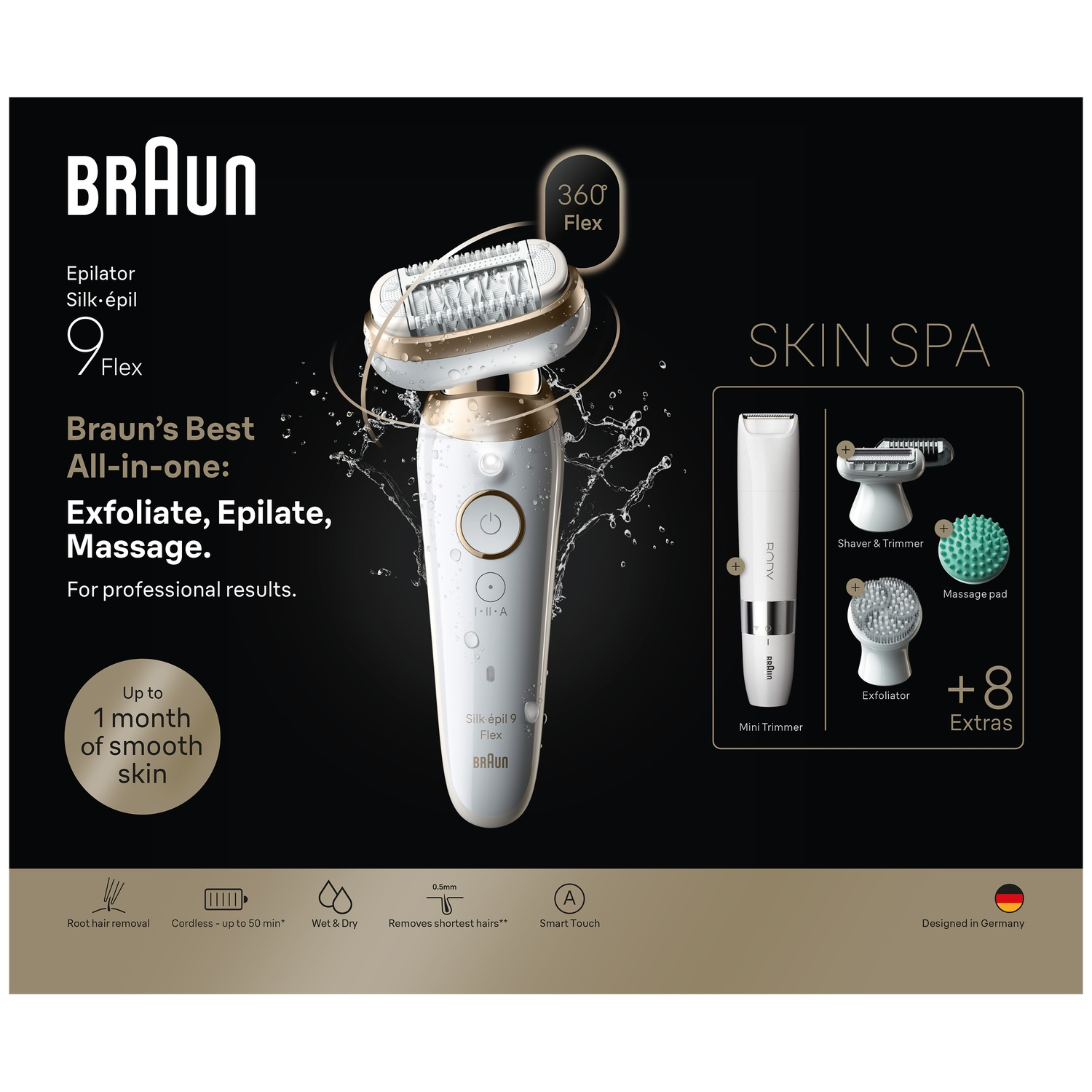 Braun Silk-épil 9 Flex epilator with attachments on a black background.