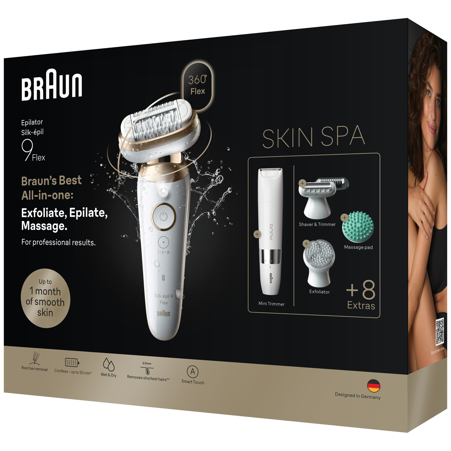 Packaging for Braun Silk-épil 9 Flex epilator showing the device, attachments, and branding against a dark background.