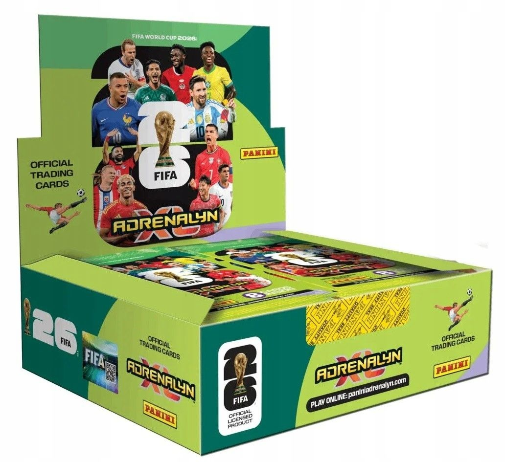 Pudełko z kartami kolekcjonerskimi Panini FIFA 26 Adrenalyn XL z piłkarzami.