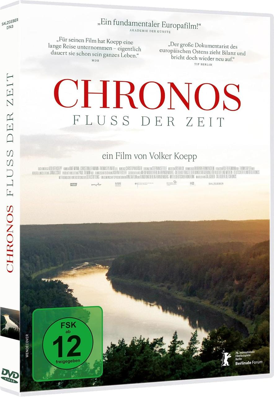 DVD-Cover des Films Chronos - Fluss der Zeit von Volker Koepp mit Flusslandschaft und FSK 12-Siegel.