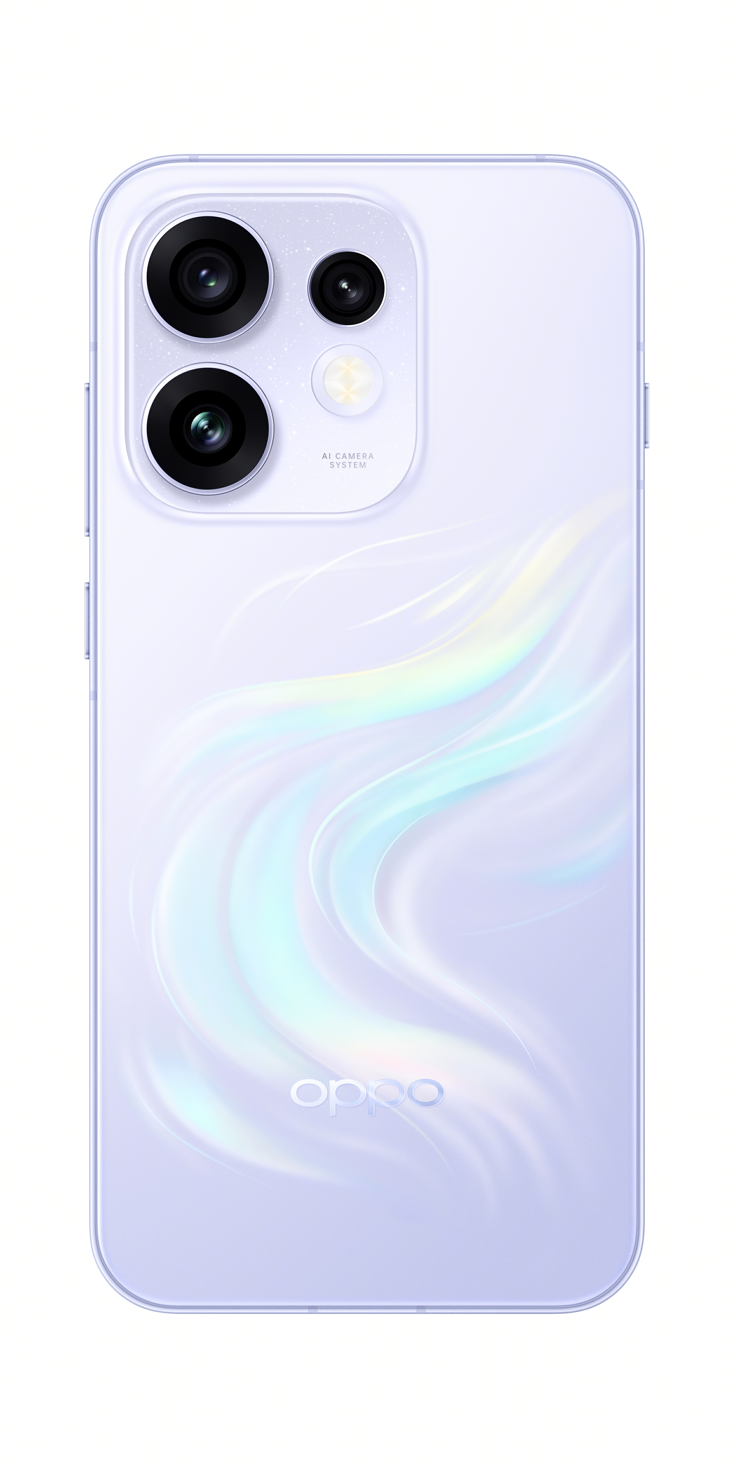 Üçlü kamera modülüne ve parıltılı dalga desenine sahip açık mor Oppo akıllı telefonun arkası.
