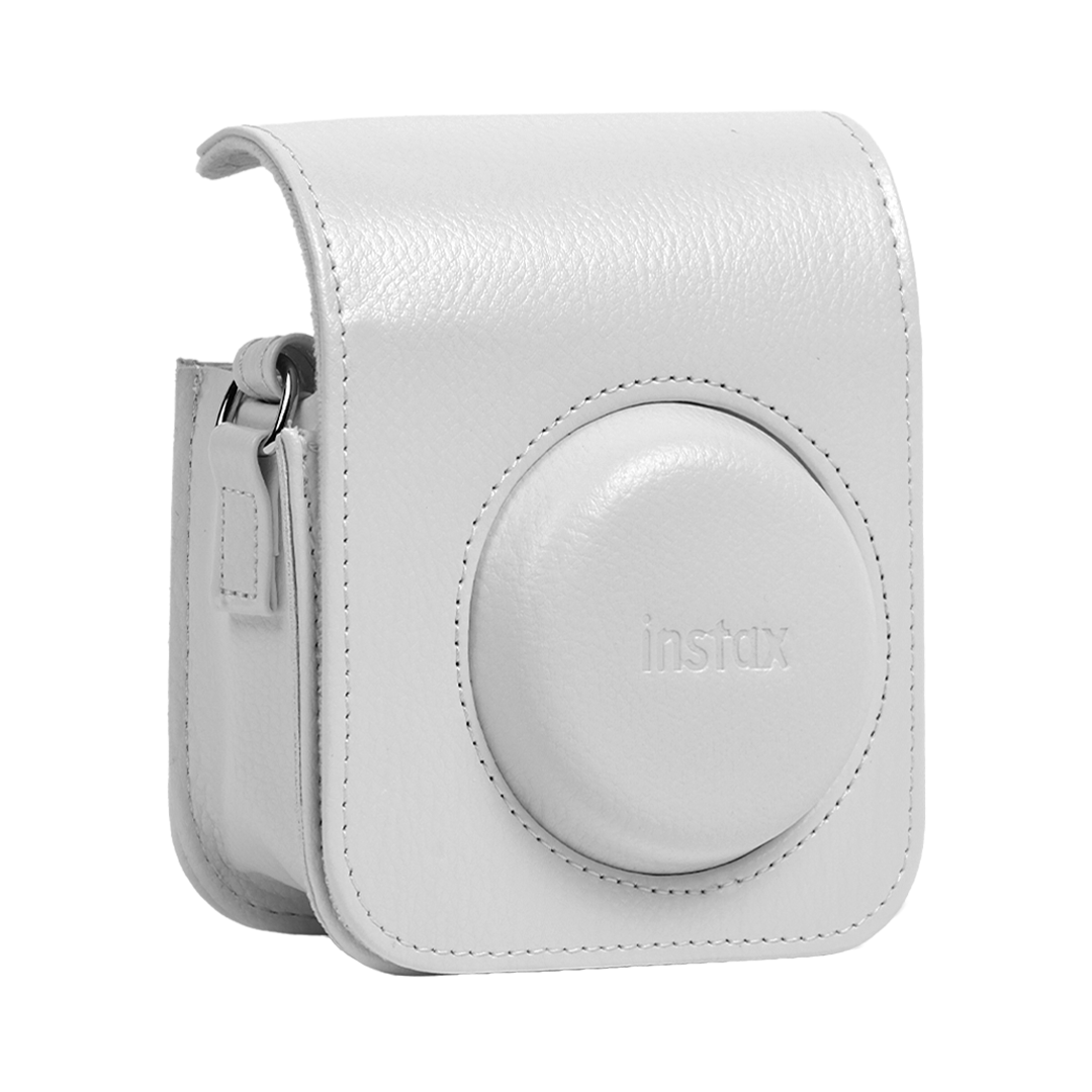 Yuvarlak lens kapaklı beyaz deri Instax kamera kılıfı.