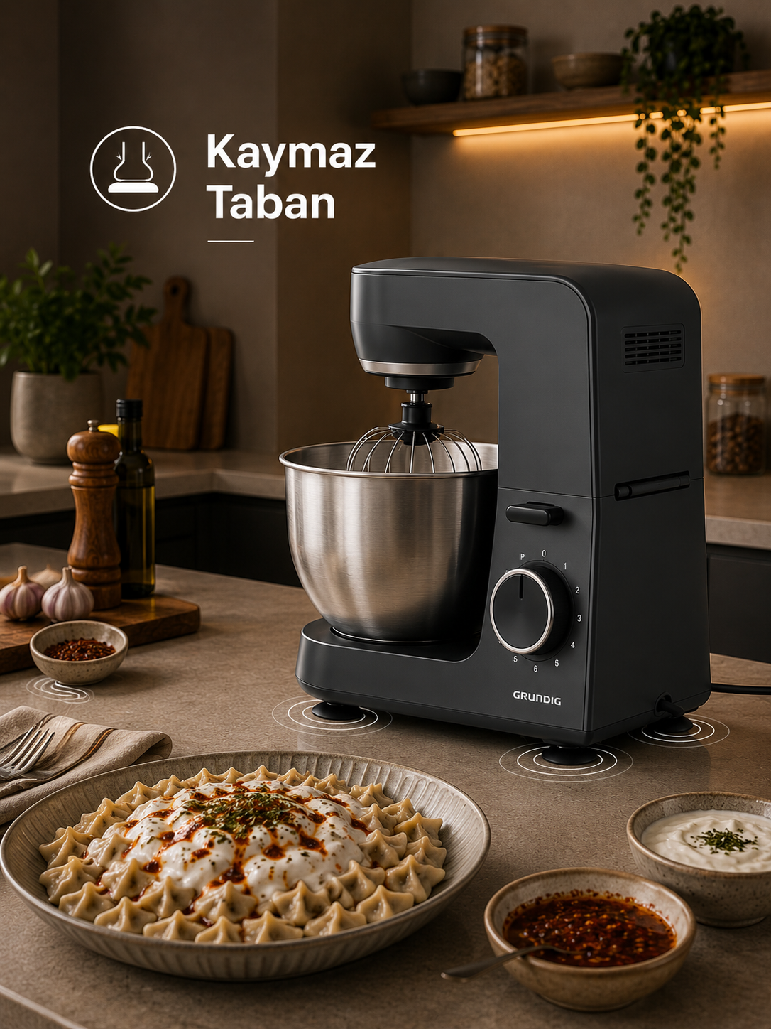 Mutfak tezgahında yemek tabakları ve baharatların yanında siyah bir mutfak robotu.