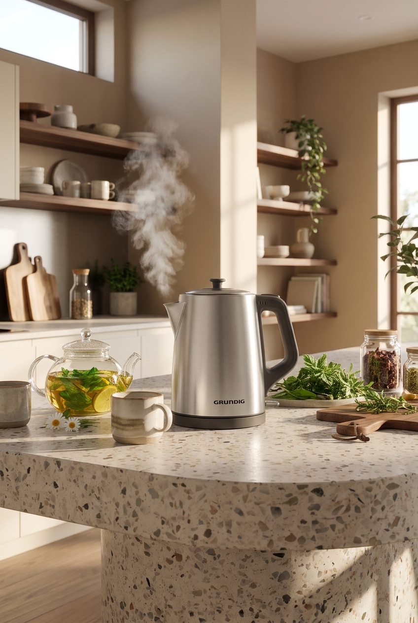 Modern bir mutfak tezgahında çay ve otlar ile buharı tütmekte olan gümüş renkli Grundig su ısıtıcısı.