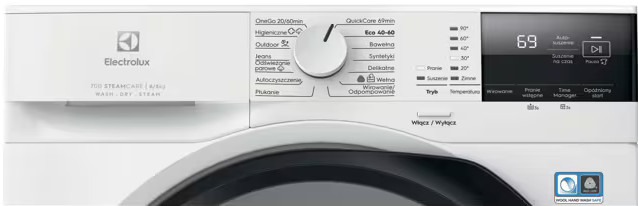 Panel sterowania białej pralki Electrolux z pokrętłem i cyfrowym wyświetlaczem.