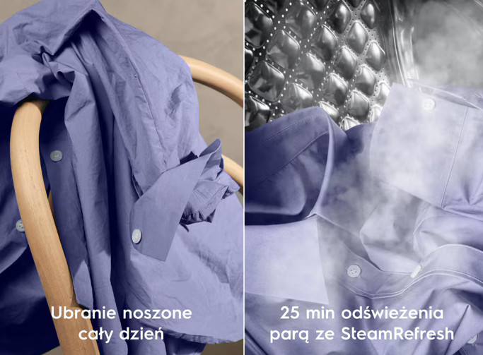 Fioletowa koszula na drewnianym krześle oraz zbliżenie na koszulę odświeżaną parą w pralce.