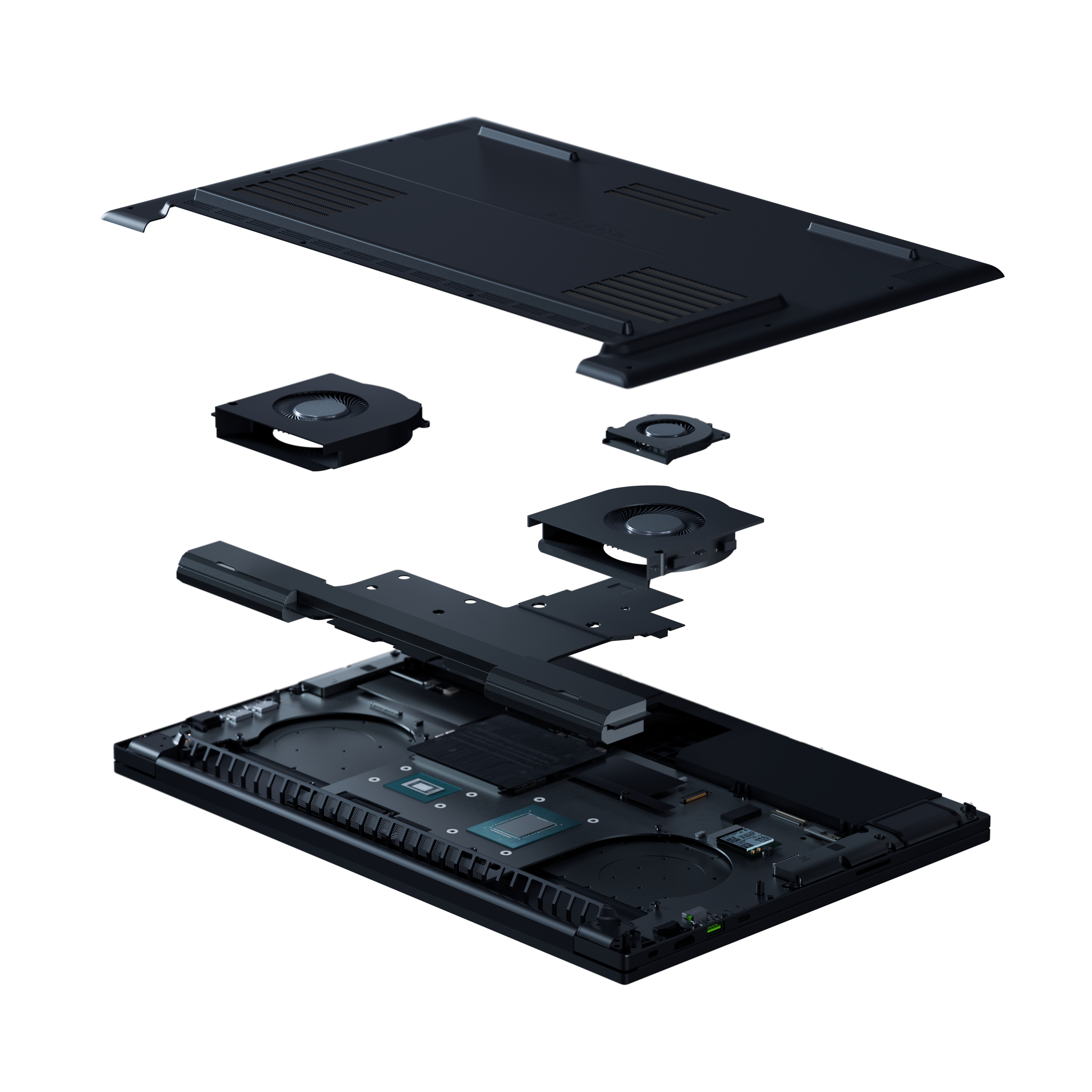 Explosionsdarstellung eines Laptops zeigt die untere Abdeckung, zwei schwarze Lüfter und das Hauptgehäuse mit Chips.