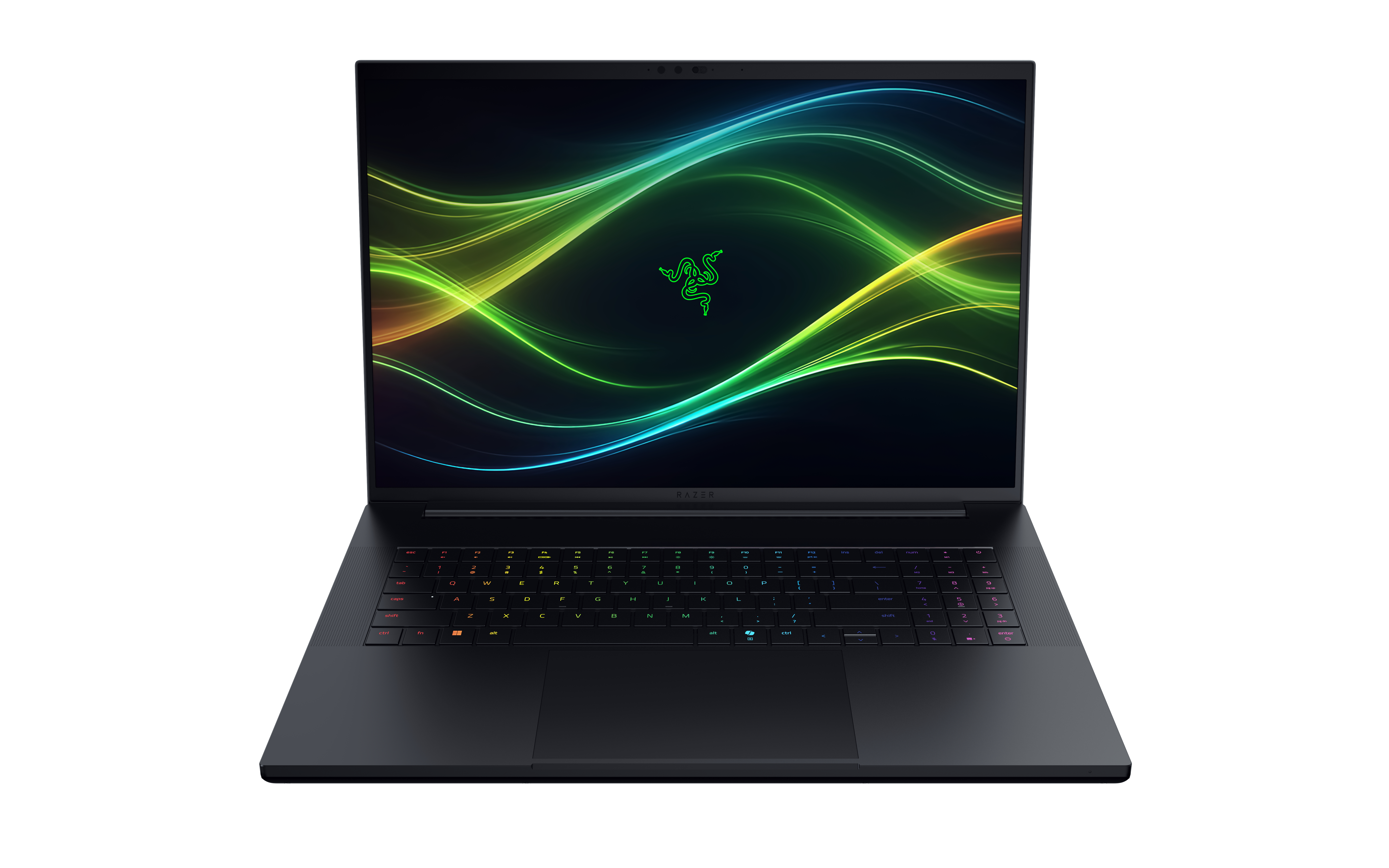 Ein schwarzer Razer-Laptop ist geöffnet und zeigt ein grün-blau leuchtendes Wellen-Hintergrundbild.