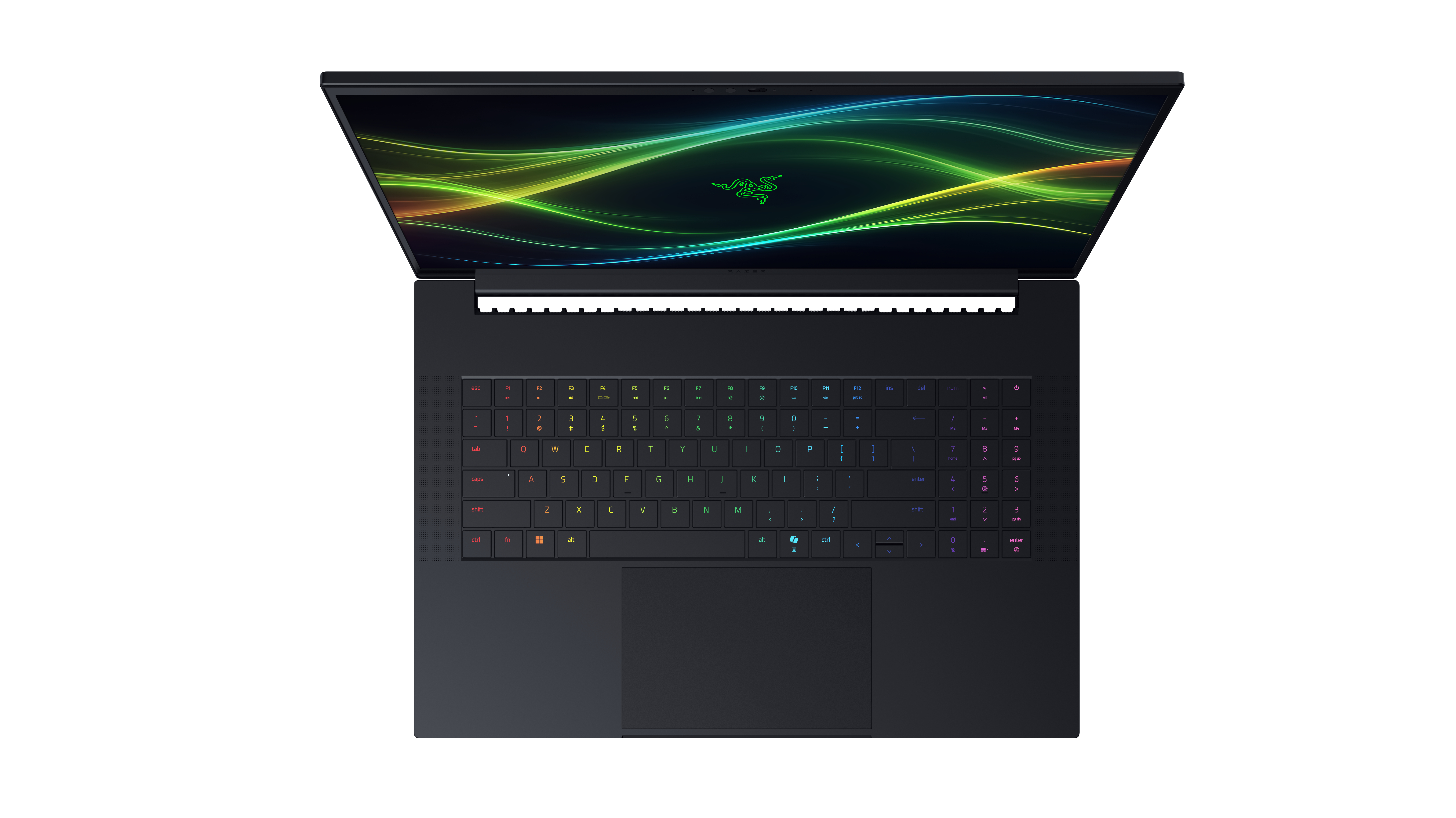 Ein schwarzer Laptop mit beleuchteter Tastatur und farbenfrohem Bildschirm.