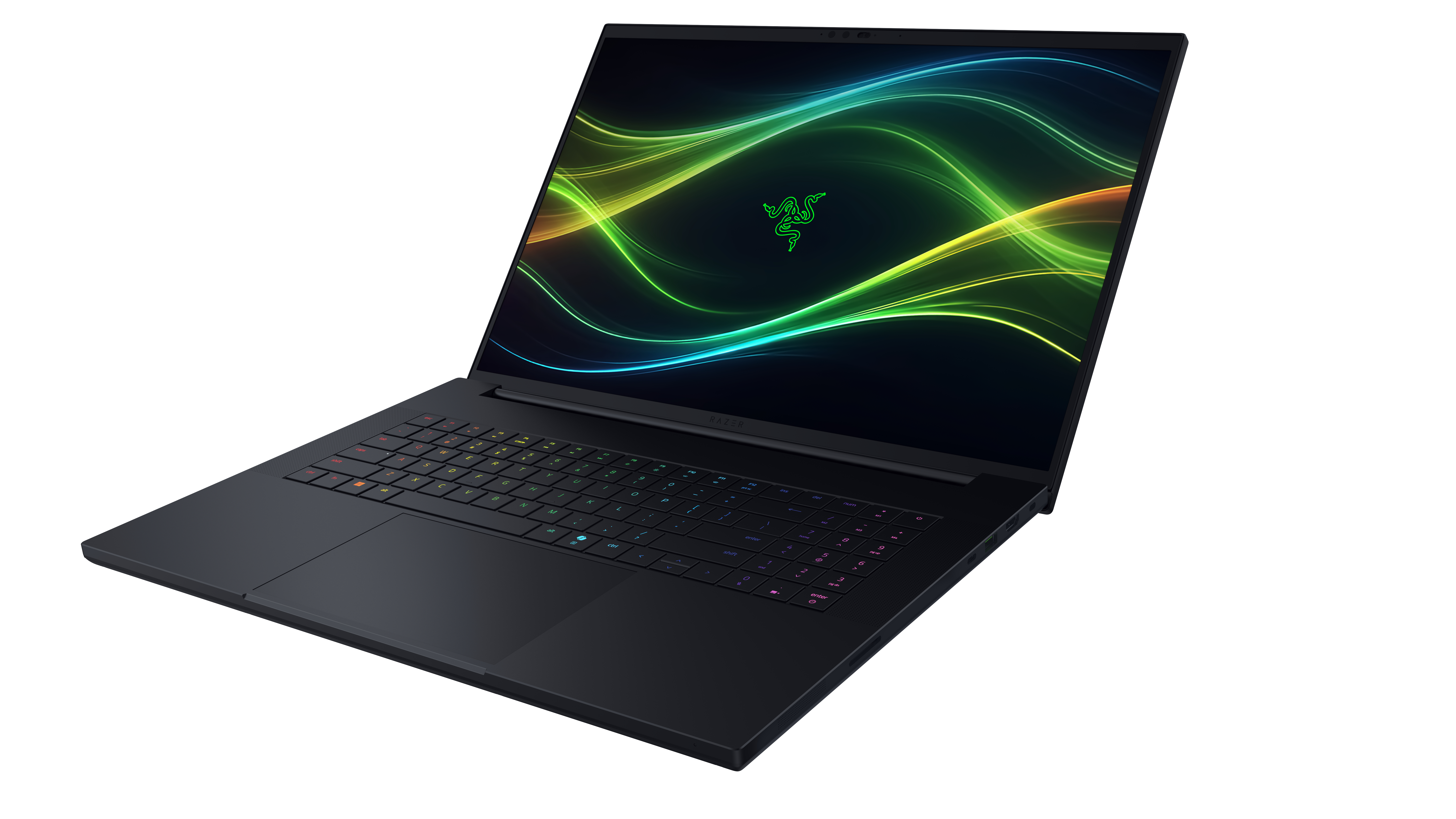Schwarzer Razer-Laptop mit beleuchteter Tastatur und geschwungenen grünen Lichtlinien auf dem Bildschirm.