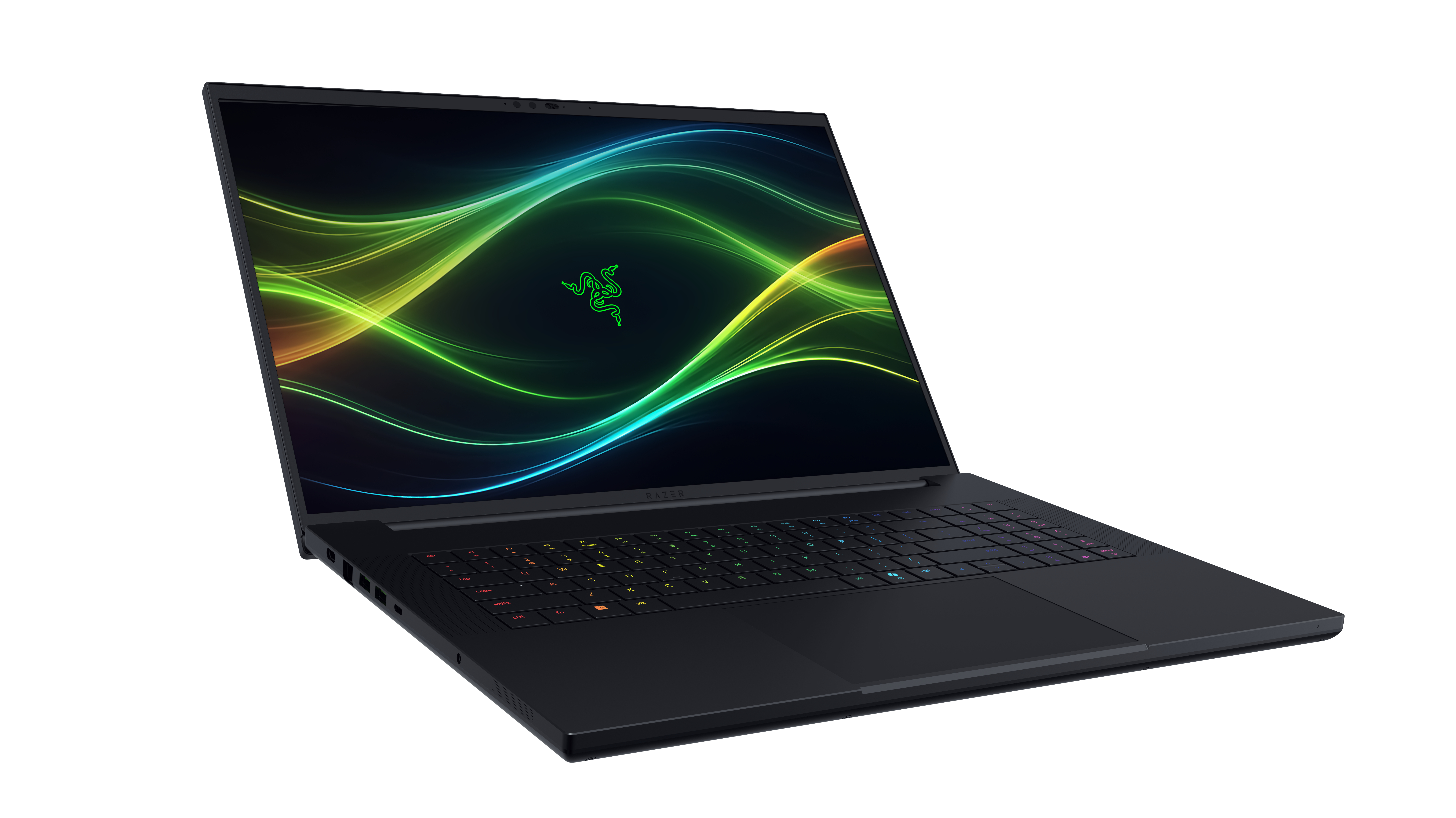Schwarzer Razer-Laptop mit grünem Wellenmuster auf dem Bildschirm und beleuchteter Tastatur.