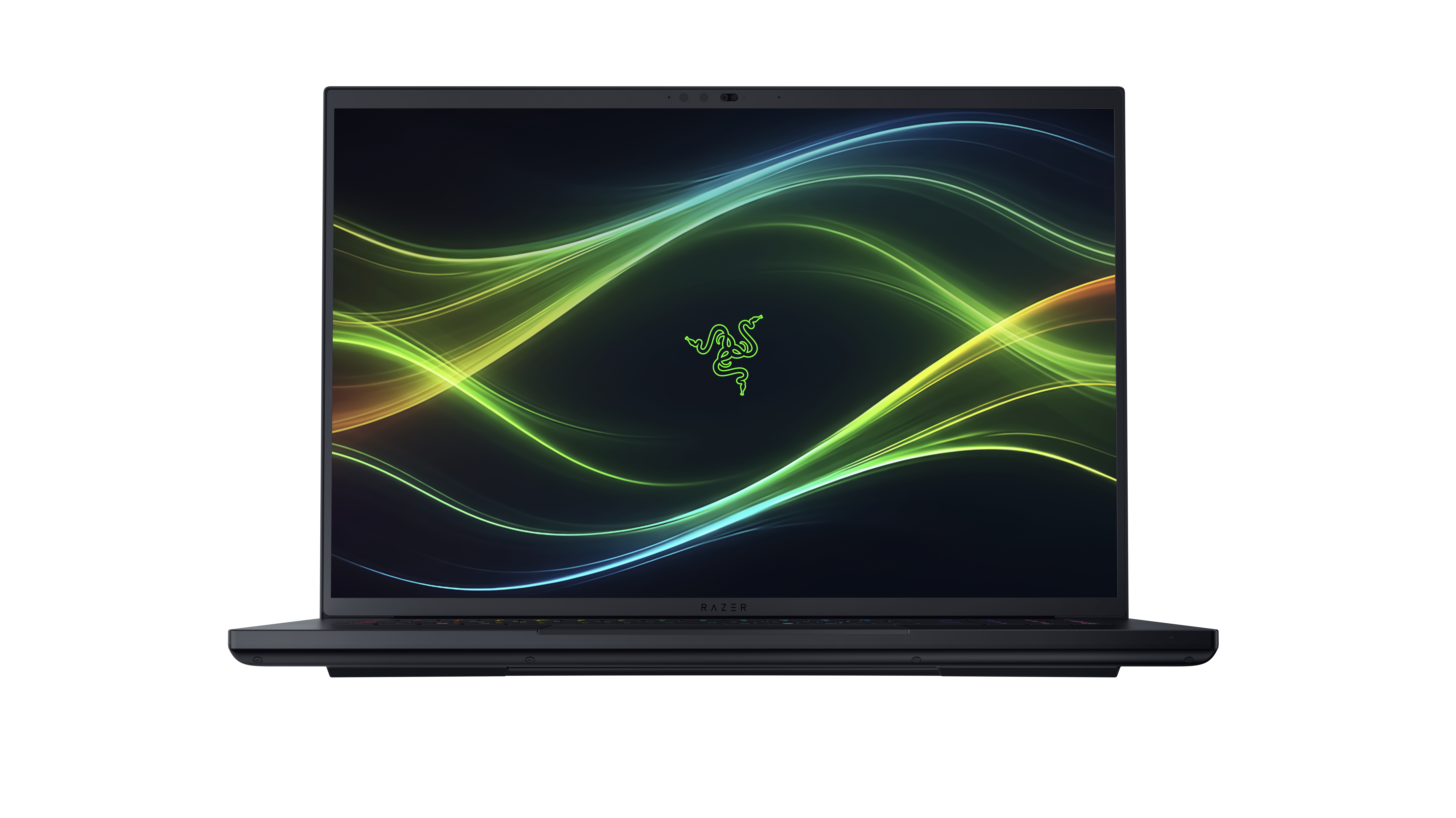 Ein schwarzer Razer-Laptop mit einem bunten, geschwungenen Linienmuster und dem grünen Razer-Logo auf dem Bildschirm.