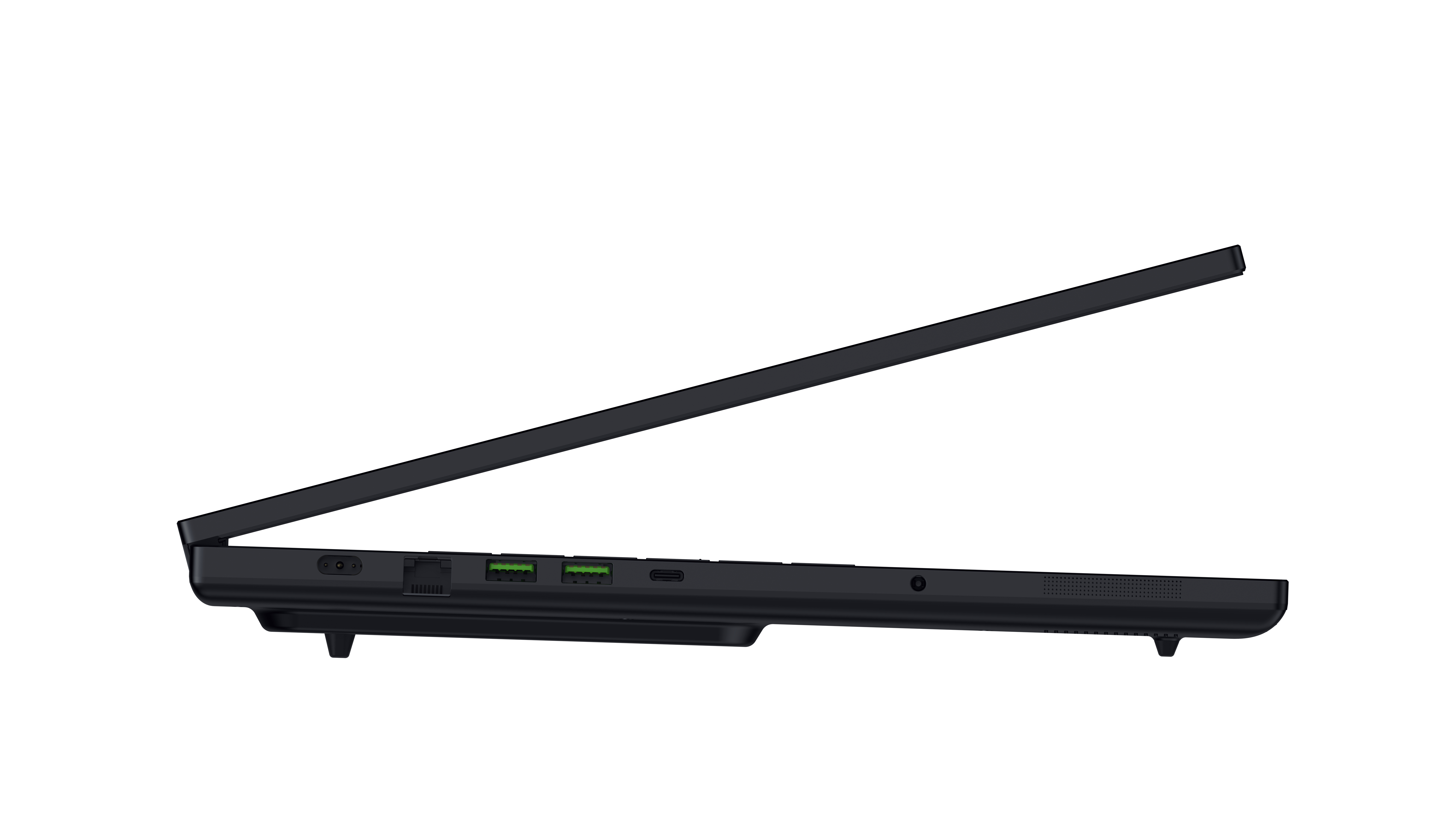 Seitenansicht eines schwarzen Laptops mit sichtbaren Anschlüssen wie USB, LAN und Audio an der Kante.