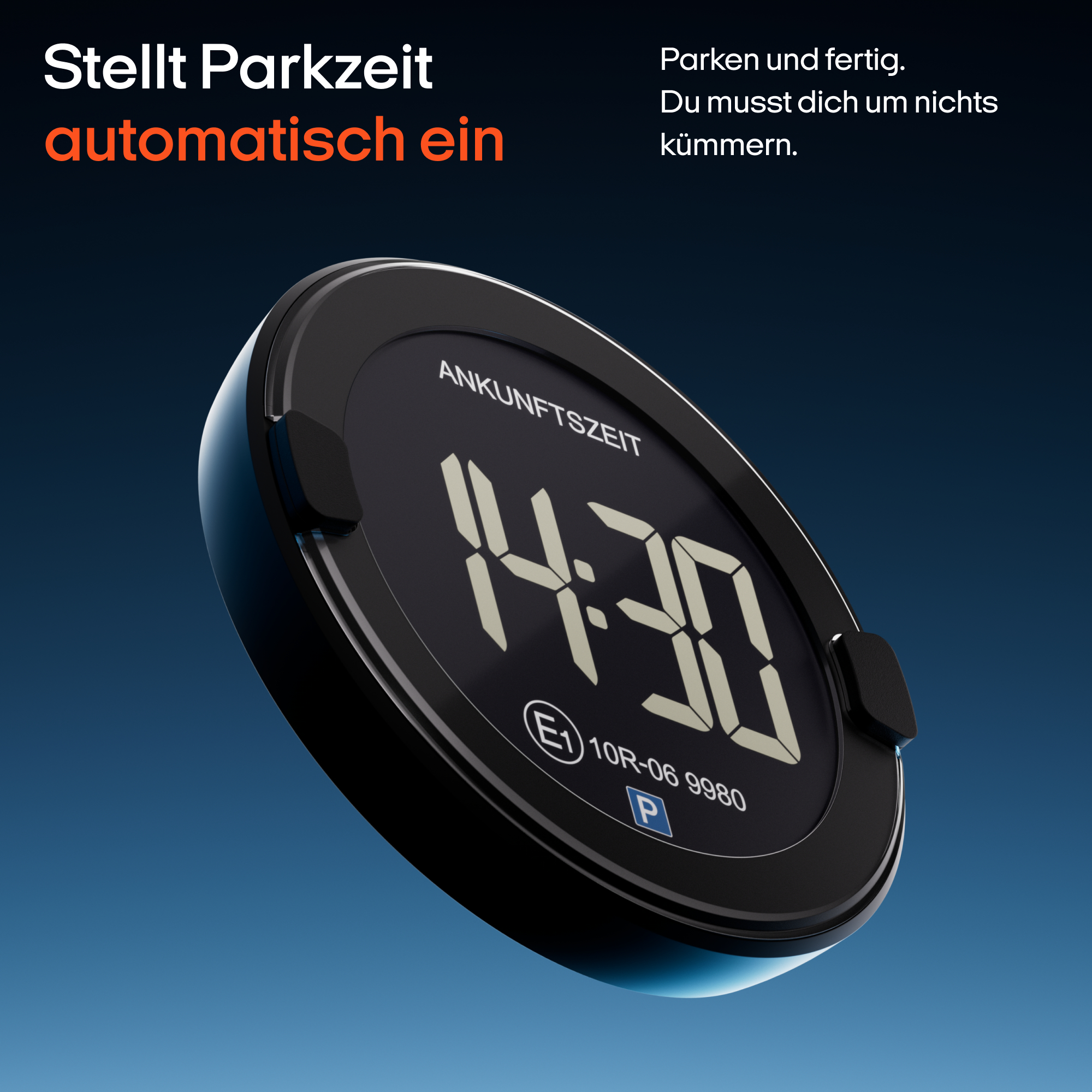 Digitale Parkscheibe auf blauem Hintergrund mit deutschem Werbetext.