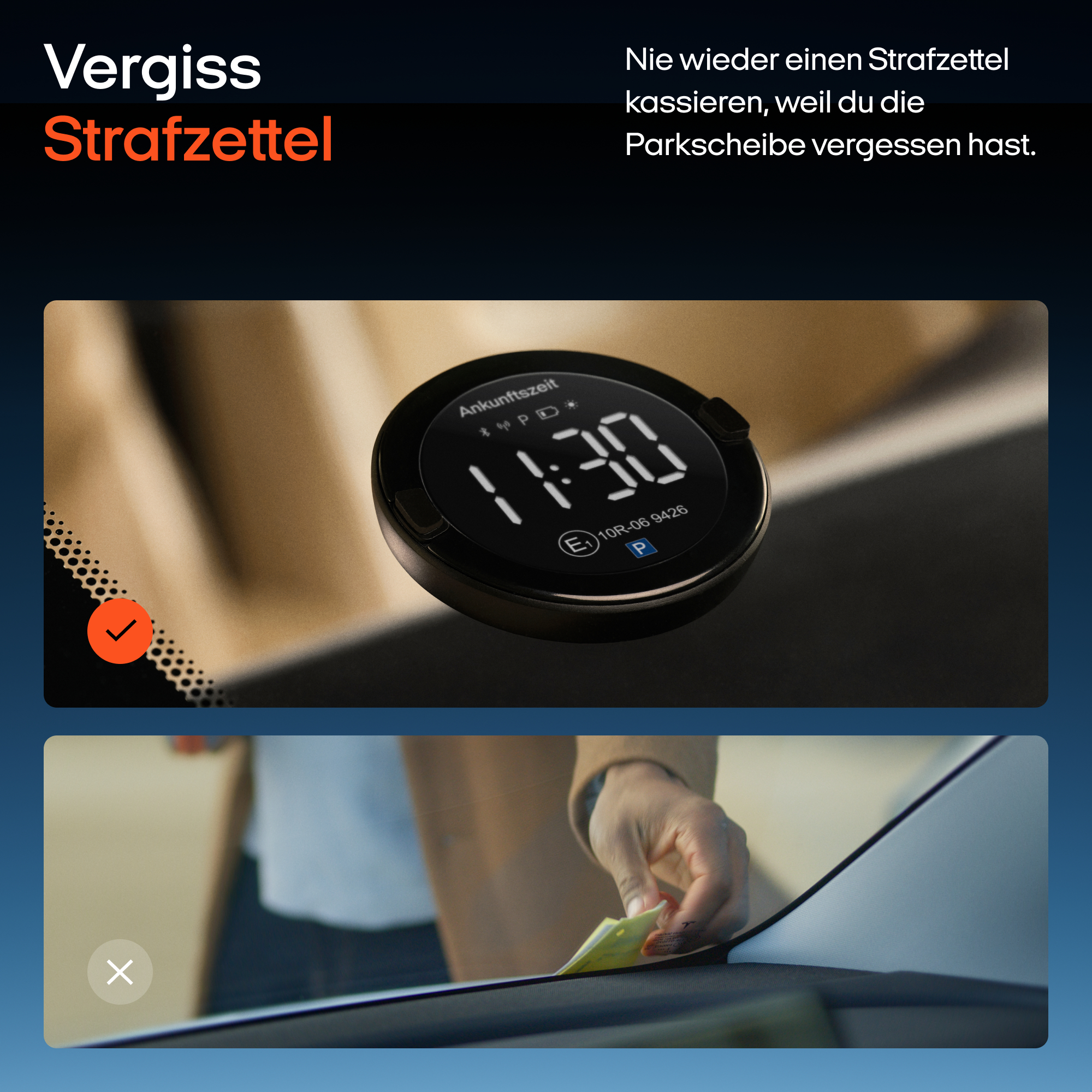 Digitale Parkscheibe im Auto oben, unten bekommt jemand einen Strafzettel an die Windschutzscheibe.