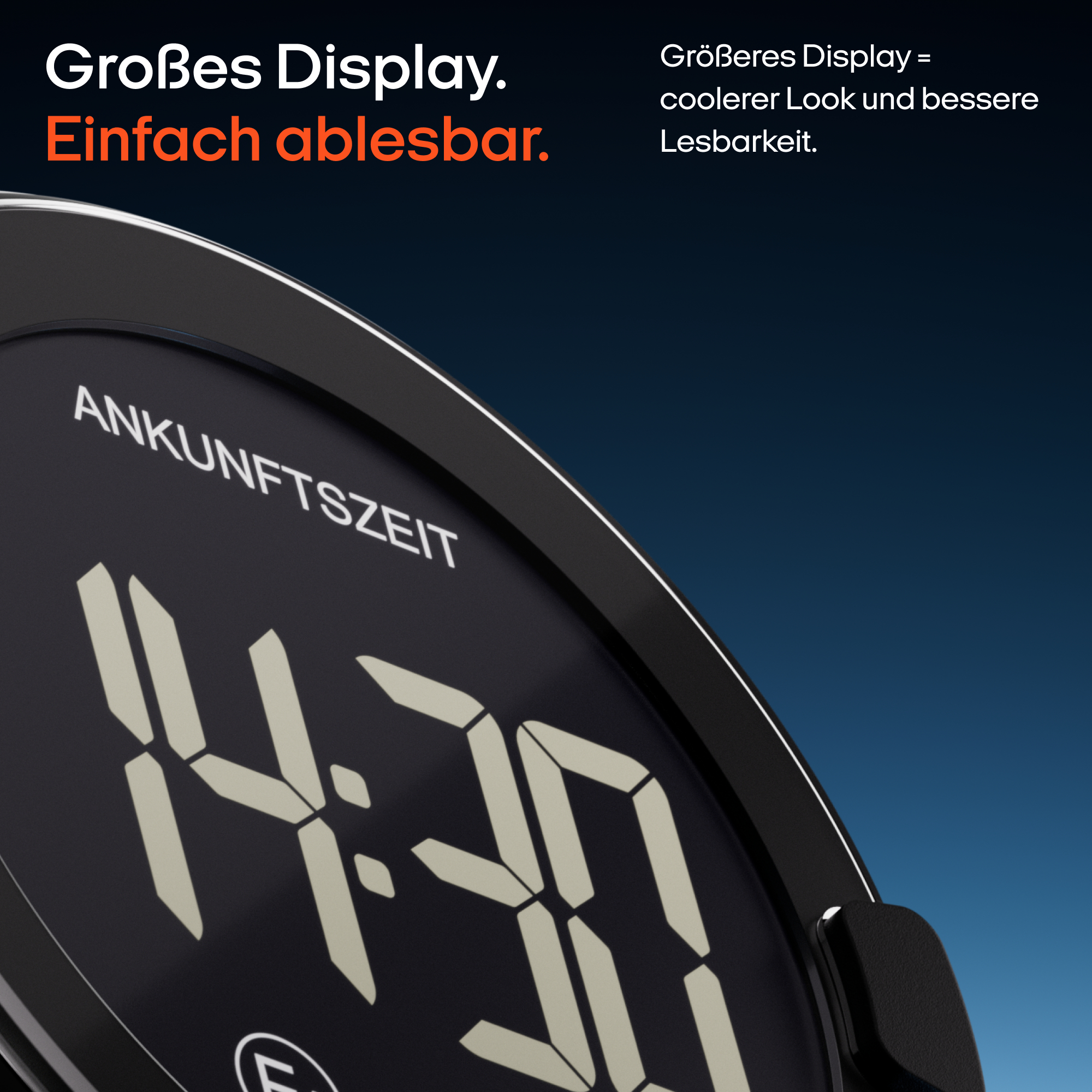 Eine Smartwatch mit großem Display zeigt die Ankunftszeit 14:30 Uhr an, vor einem dunkelblauen Hintergrund.