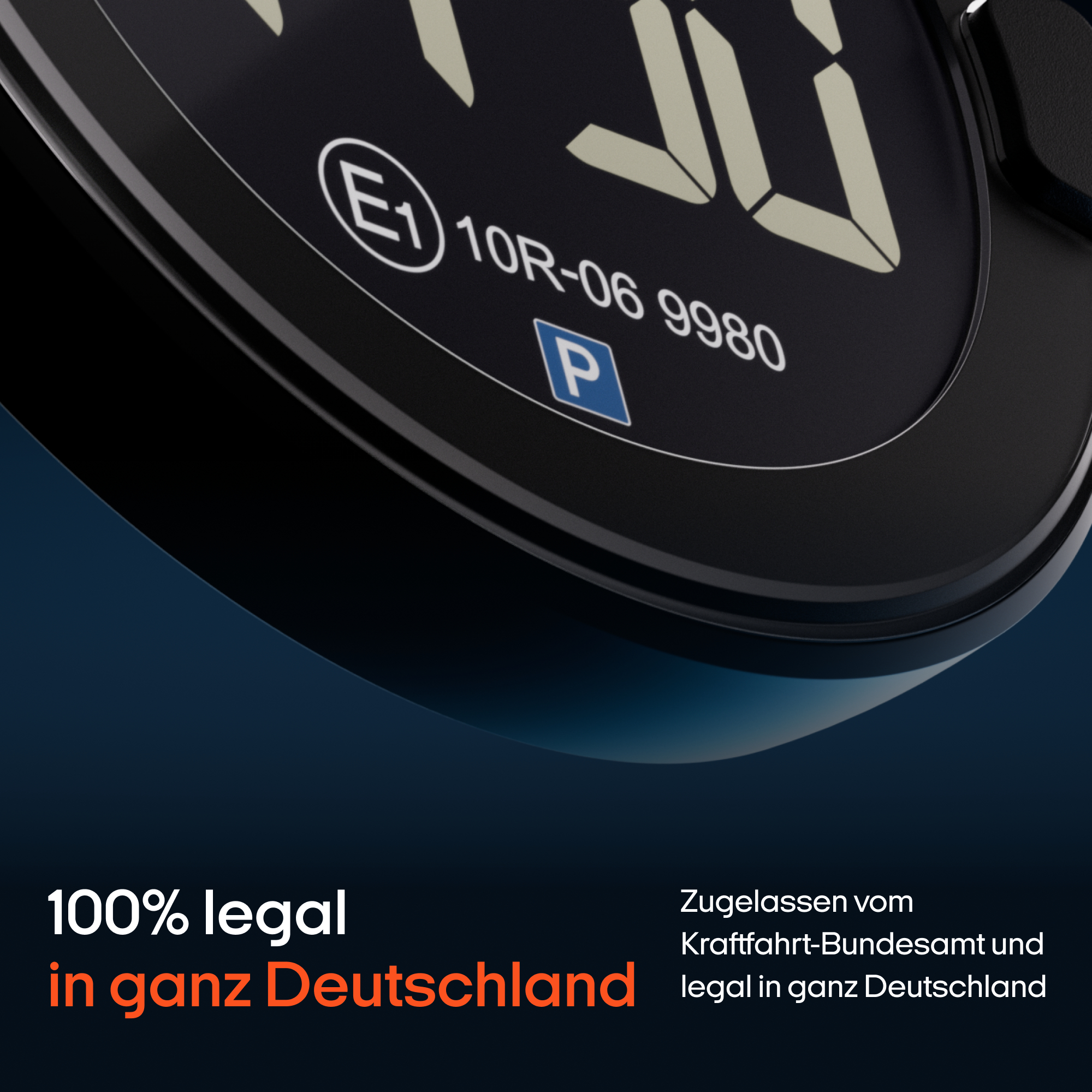 Digitale Parkscheibe mit E1-Zulassung und Text über legale Nutzung in Deutschland.