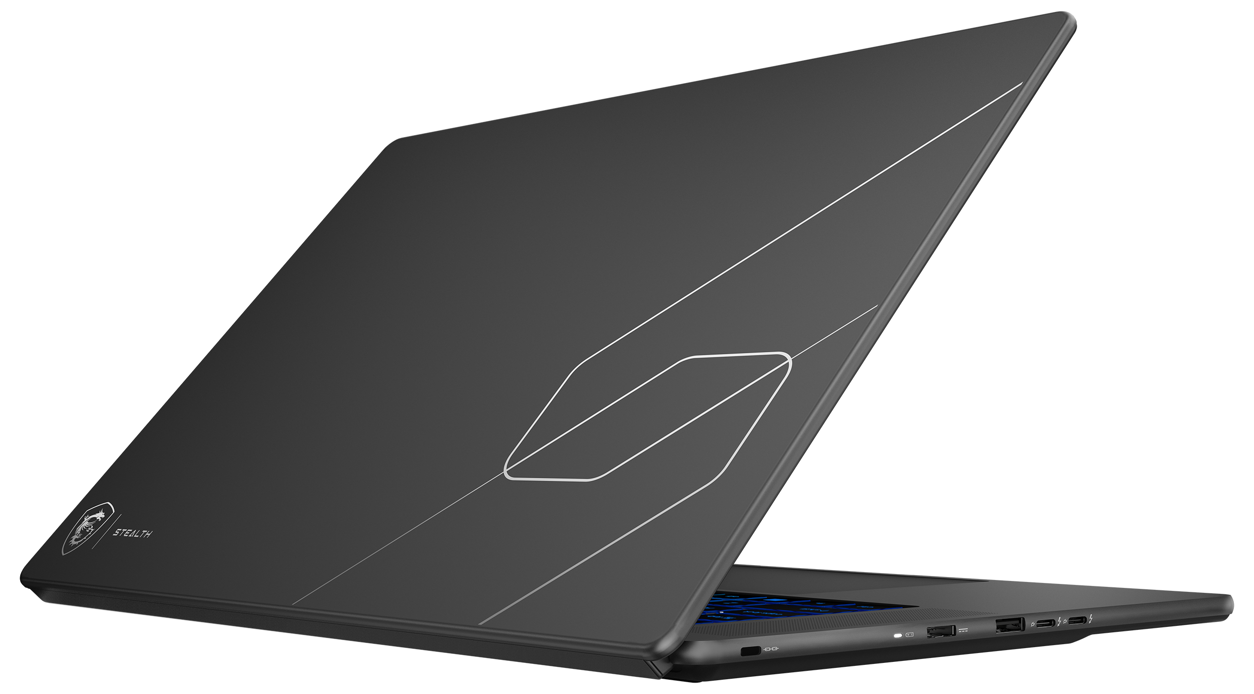 Ein geschlossener schwarzer Laptop auf weißem Hintergrund mit weißen geometrischen Linien auf dem Deckel.