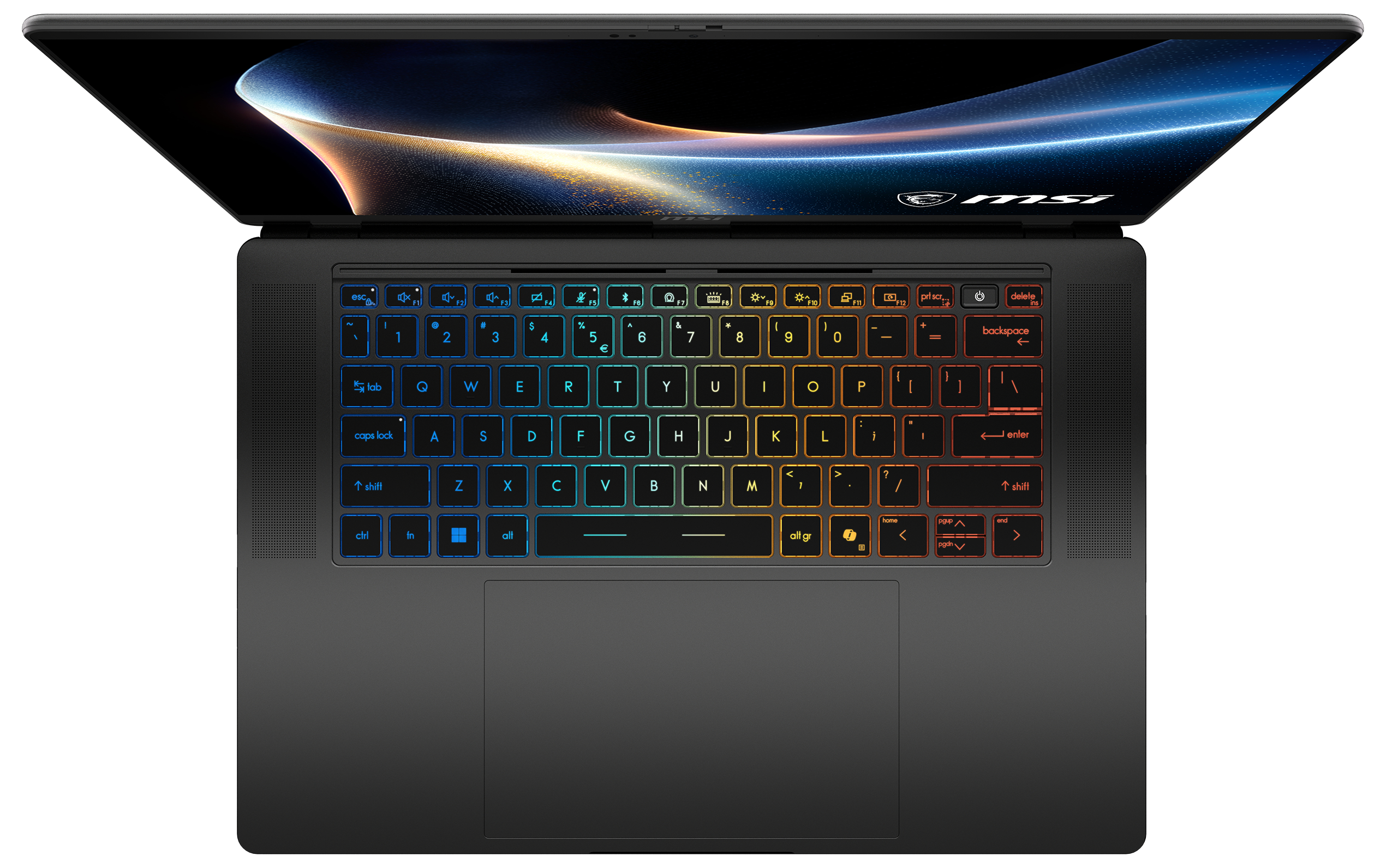 Ein schwarzer Laptop von oben mit leuchtend blauer und orangefarbener Tastaturbeleuchtung.
