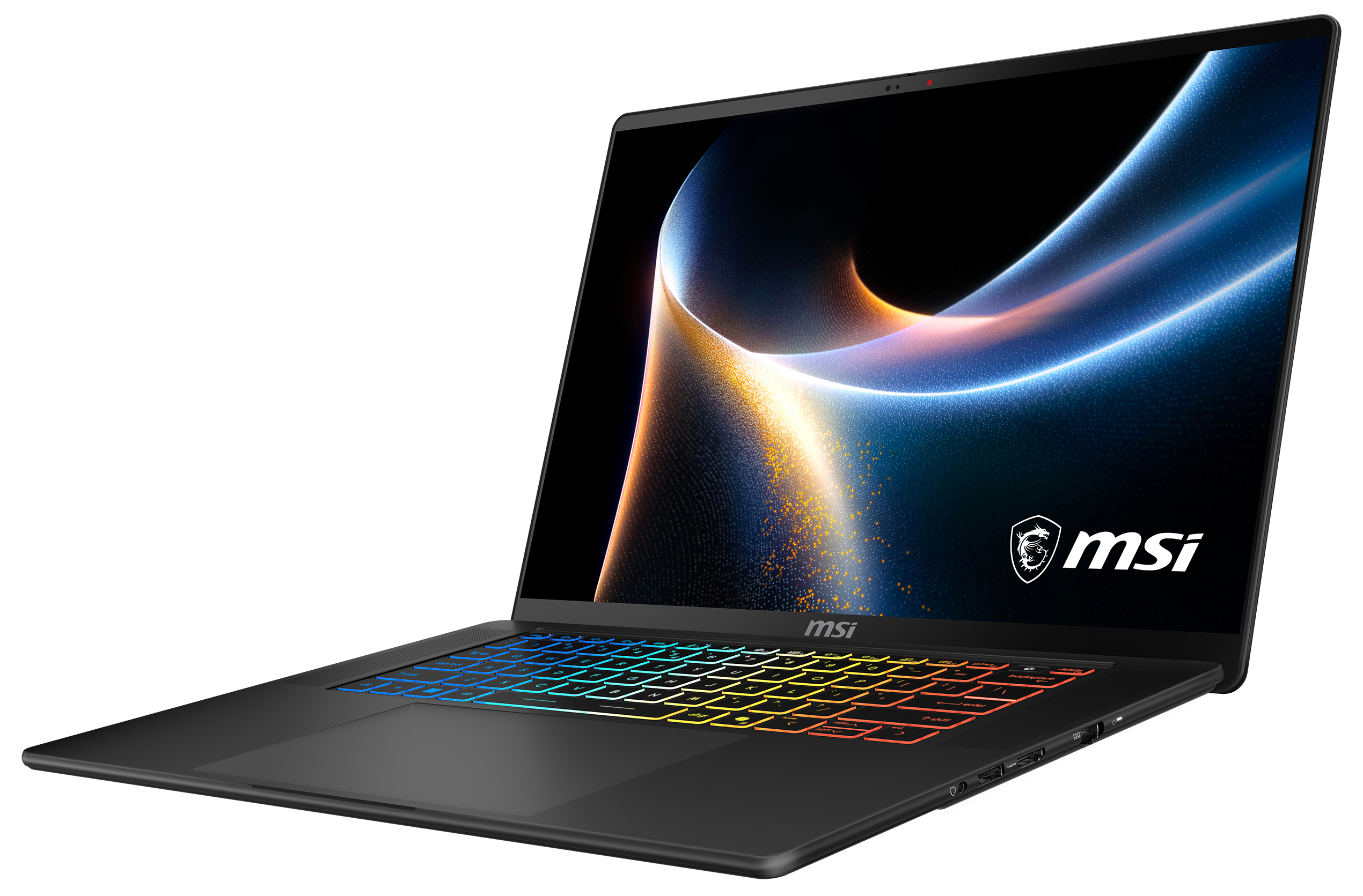 Ein schwarzer MSI-Laptop mit beleuchteter Tastatur und einem bunten Hintergrundbild auf dem Bildschirm.